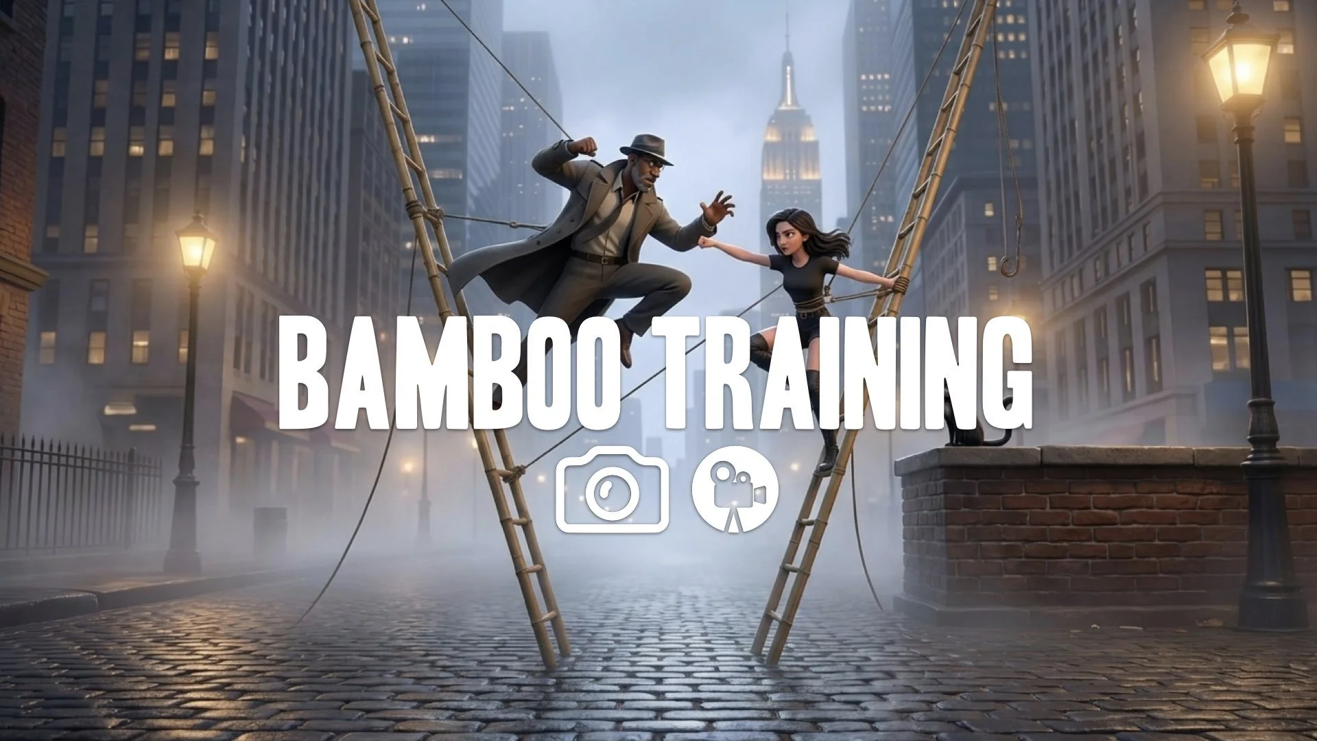 1. Fighter balancing on tall bamboo ladders leaning precariously fighting opponent dynamic wire work no music