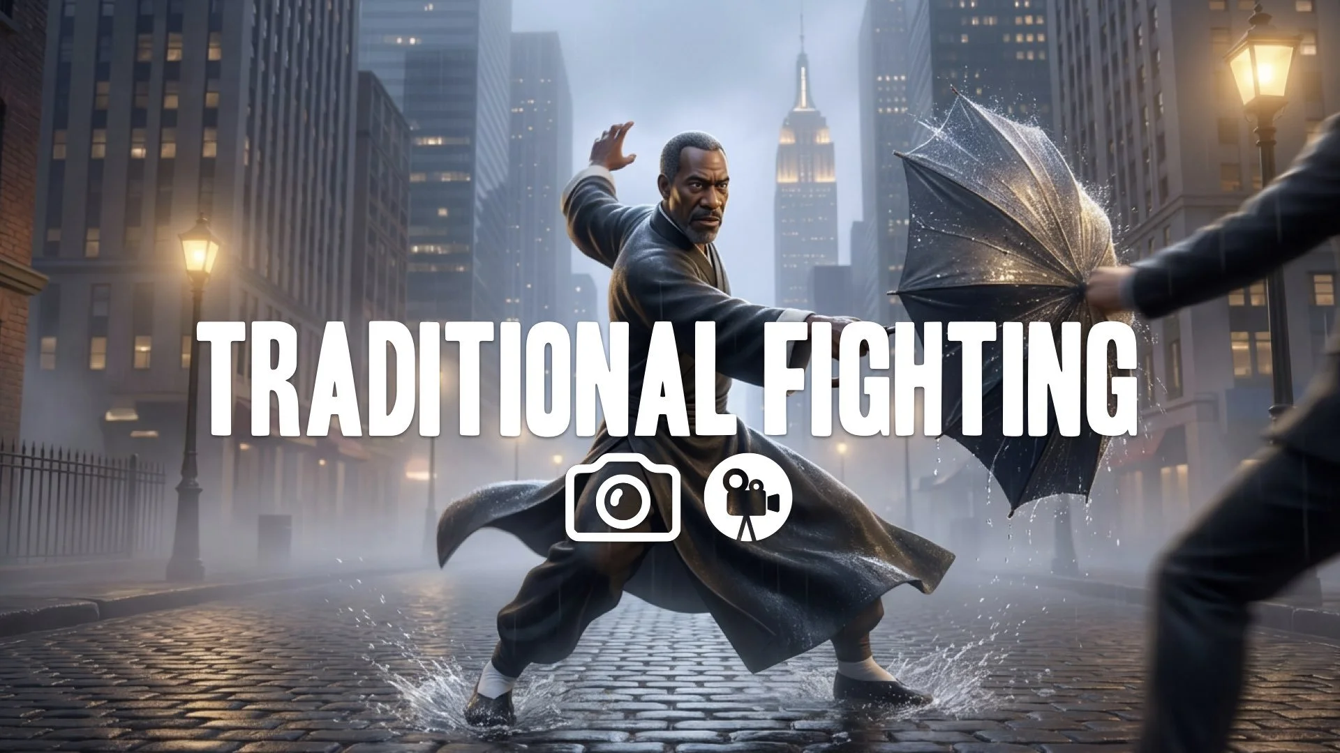 1. Martial artist in traditional robe fighting with umbrella rain slicked street spin block attack no music