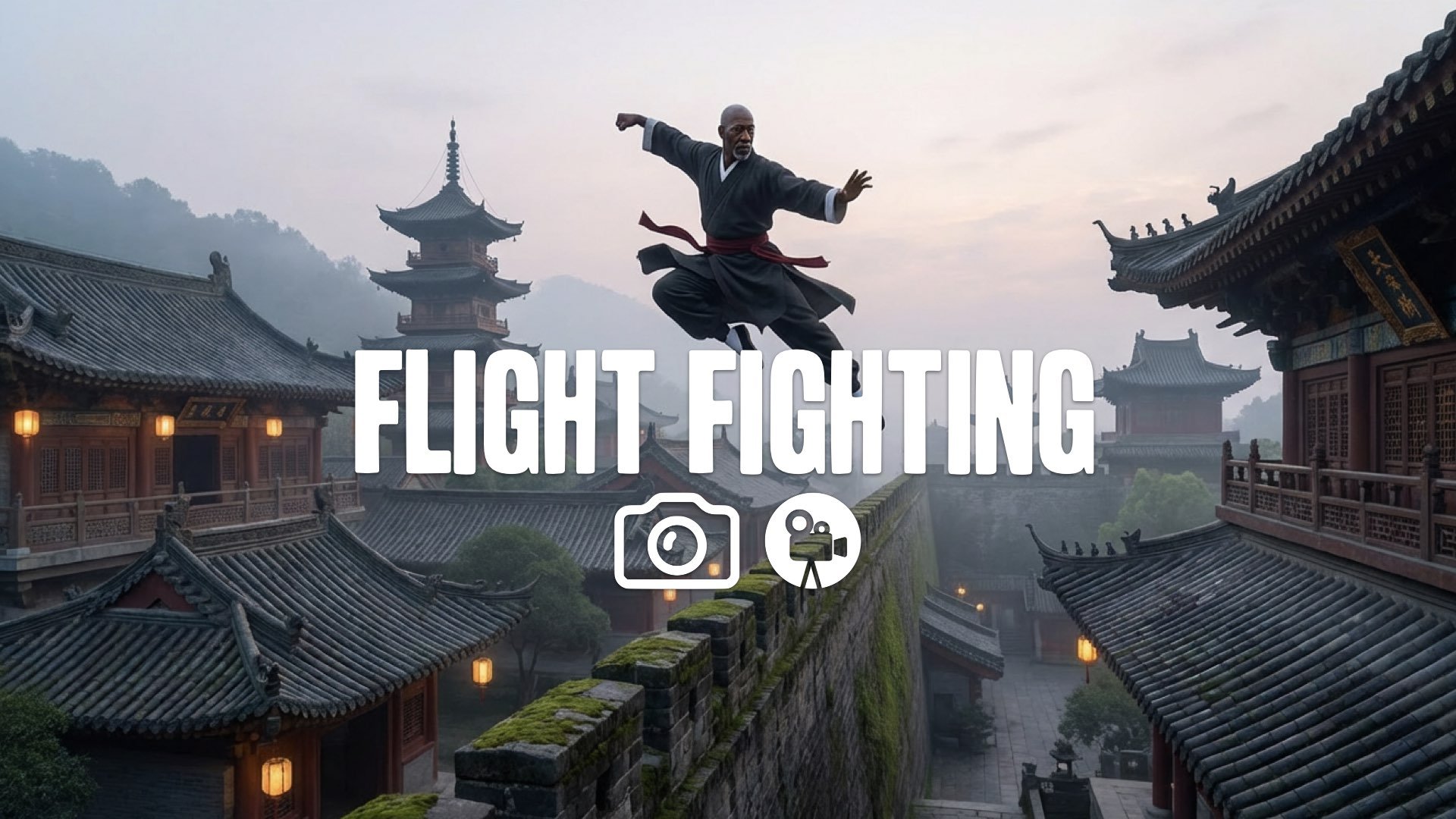 1. Martial artist jumping over high wall effortless wire-fu floating traditional architecture no music