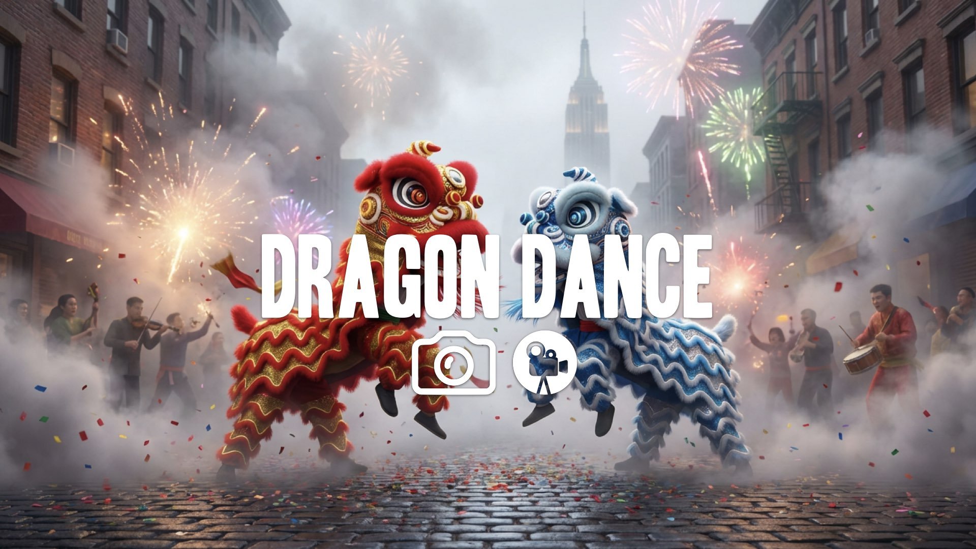 1. Lion dance costume fighting another lion fireworks exploding smoke chaotic street festival no music