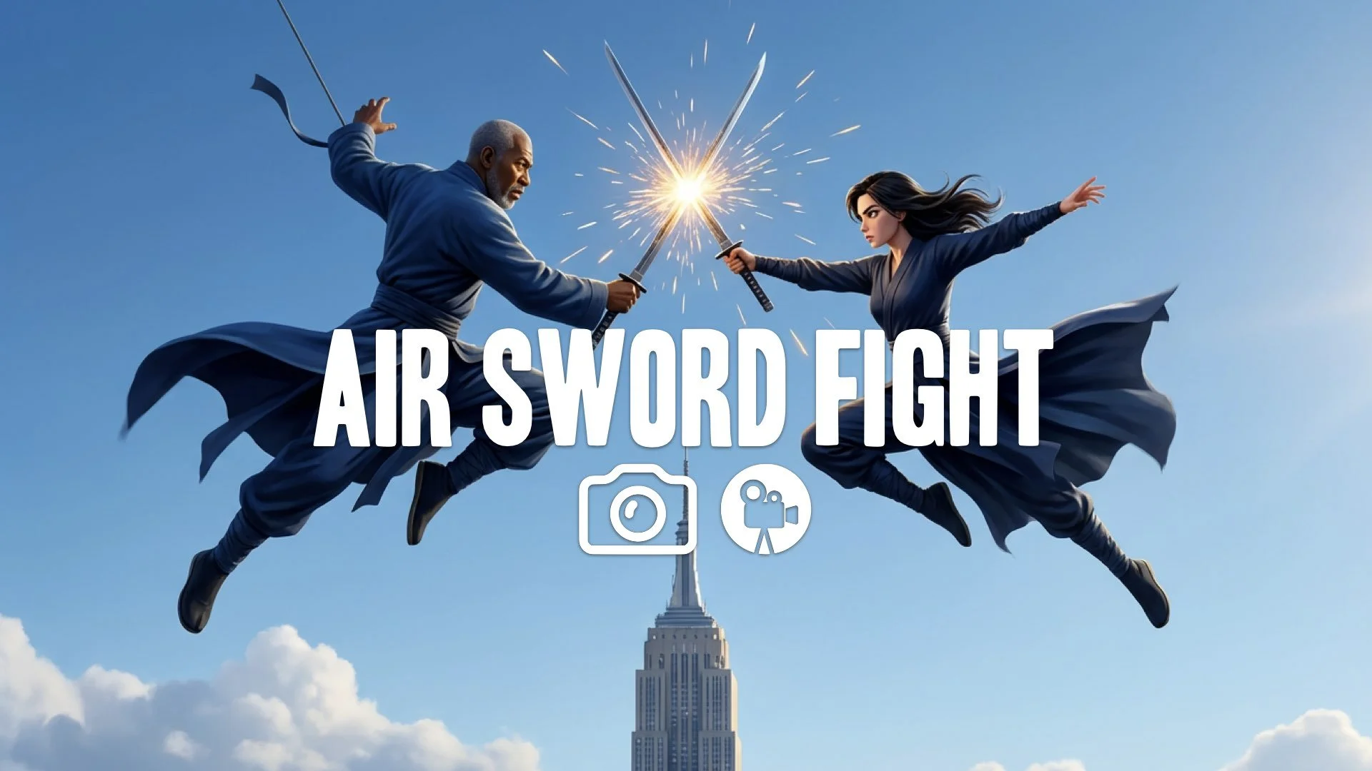 1. Sword fight mid-air clashing steel sparks flying flowing robes blue sky cinematic wire-fu no music