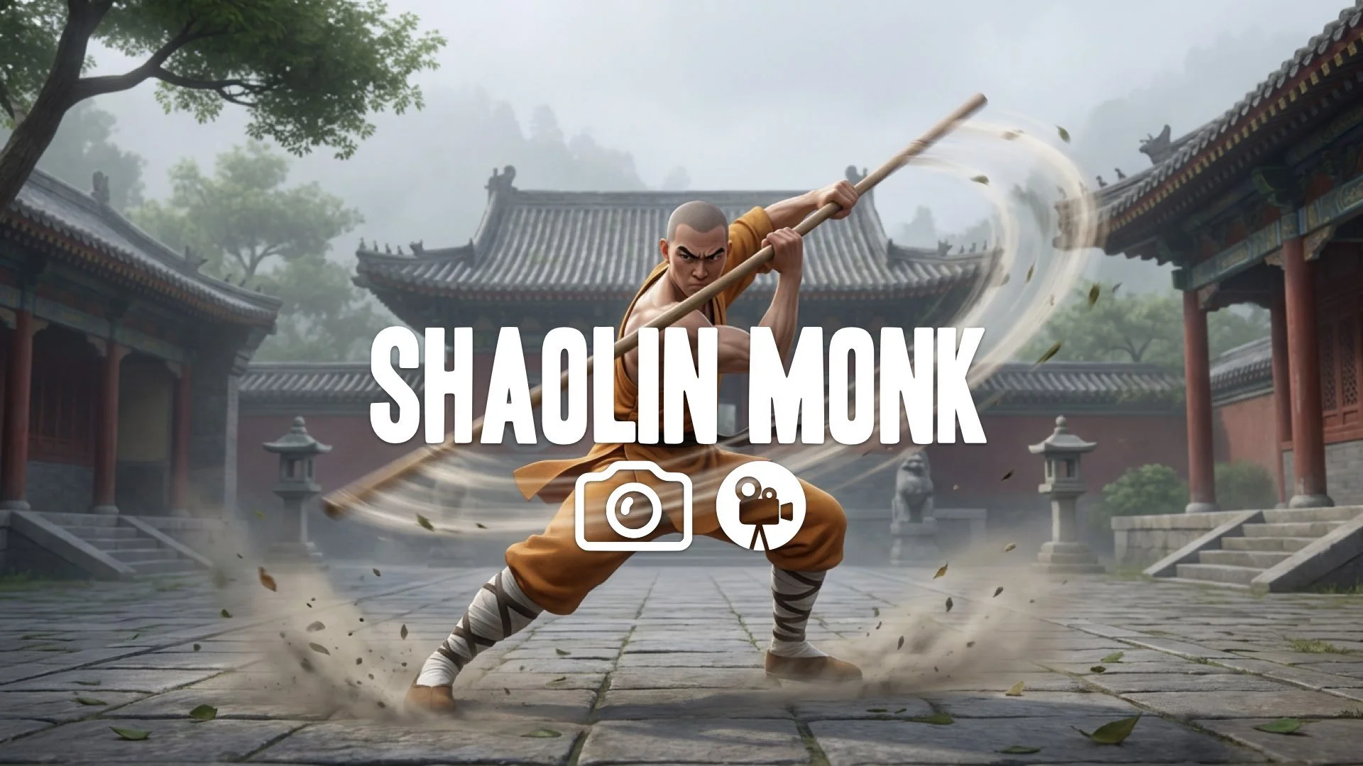 13. Shaolin monk in orange robes fighting with long staff spinning blur monastery courtyard no music