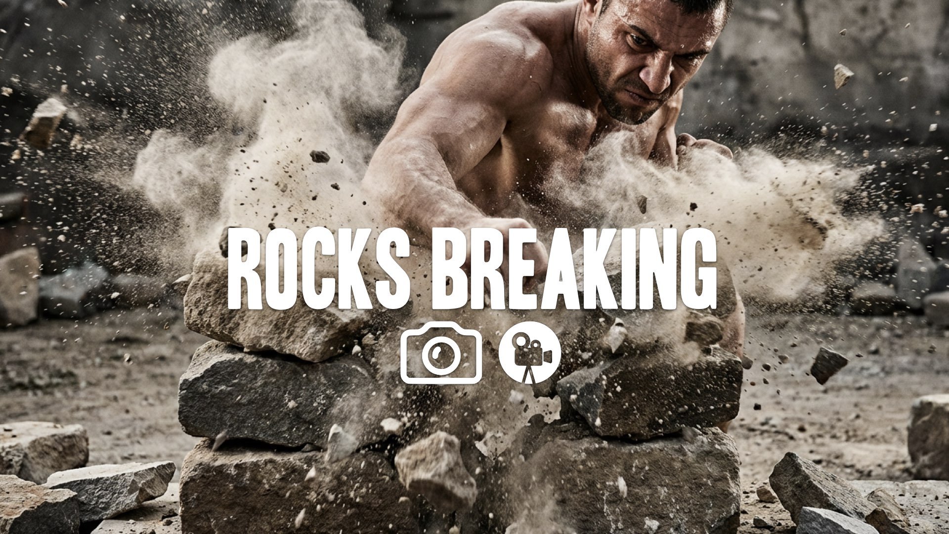 15. Fighter breaking stones with bare hand dust explosion intense focus physical power no music