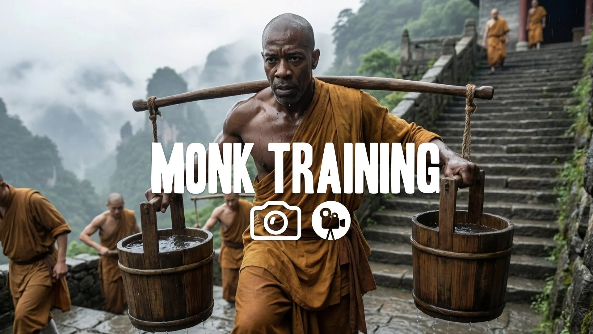 16. Training montage carrying buckets of water up mountain stairs sweat endurance monk life no music