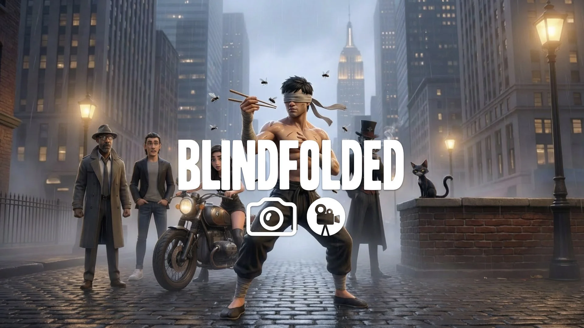 17. Fighter blindfolded listening to environment catching flies with chopsticks precision focus no music