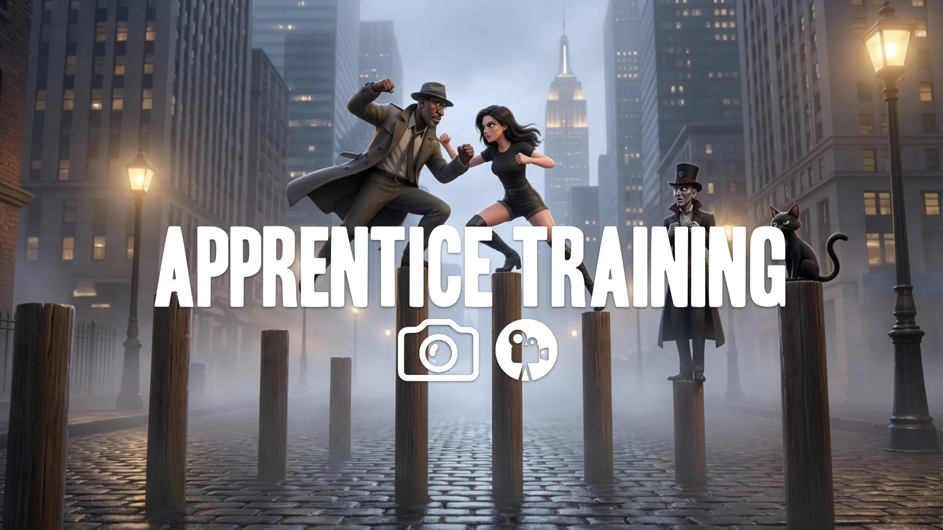 19. Fight on top of wooden posts balancing precariously falling means defeat tension no music