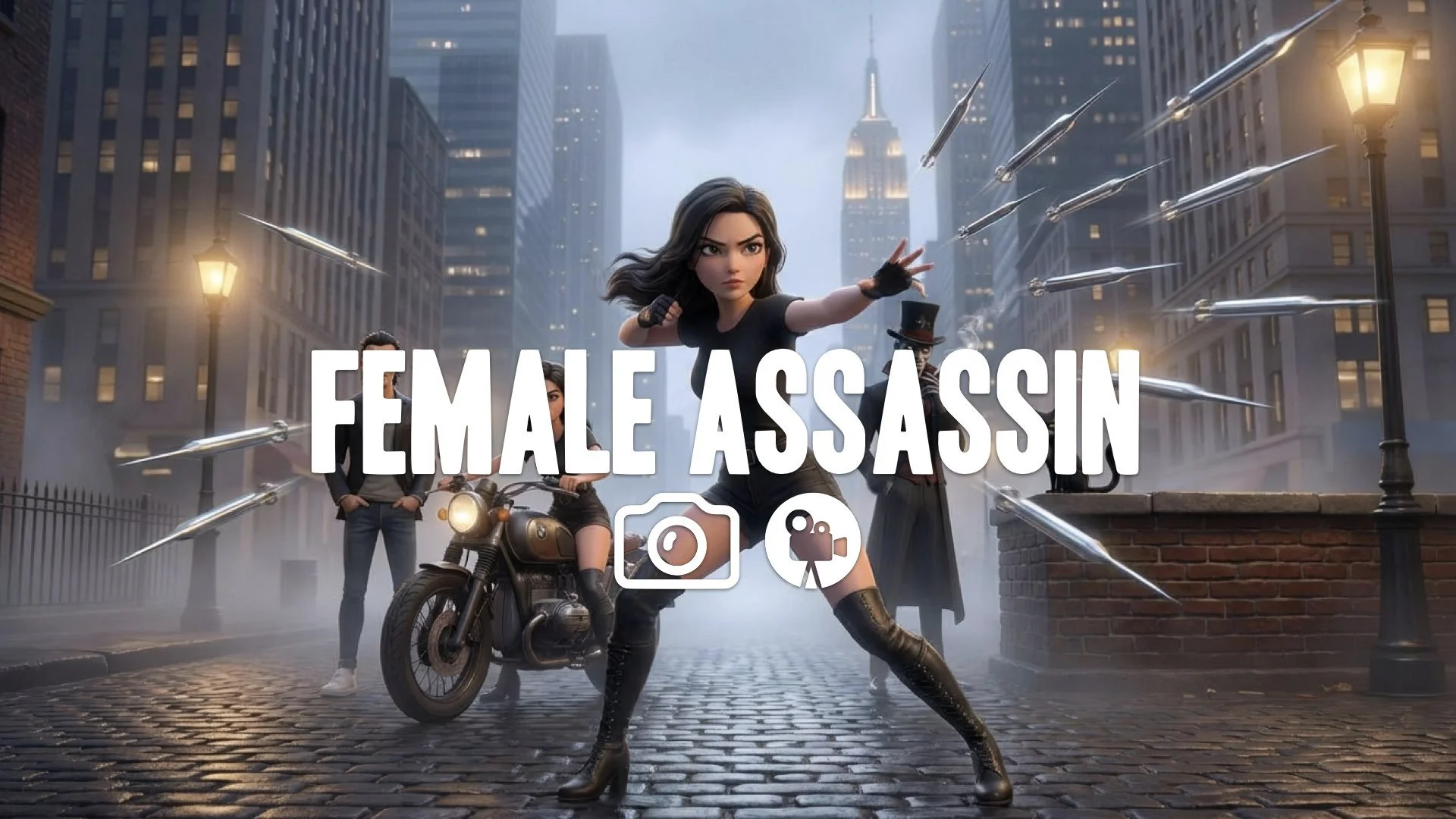 23. Female assassin throwing needles shiny projectiles flying through air slow motion deadly beauty no music