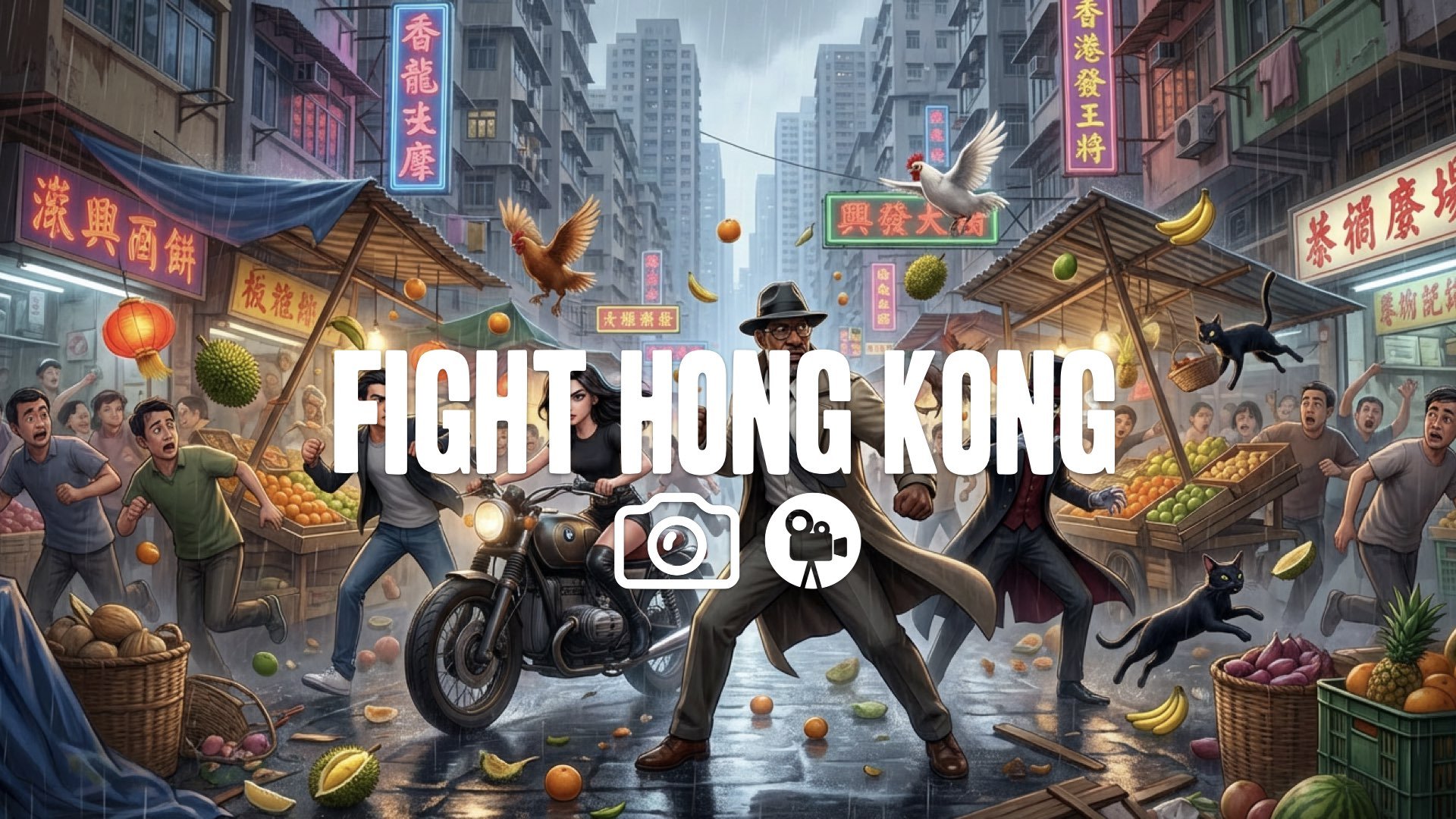 27. Fight in crowded Hong Kong market stalls crashing fruit flying chickens chaos fast pace no music
