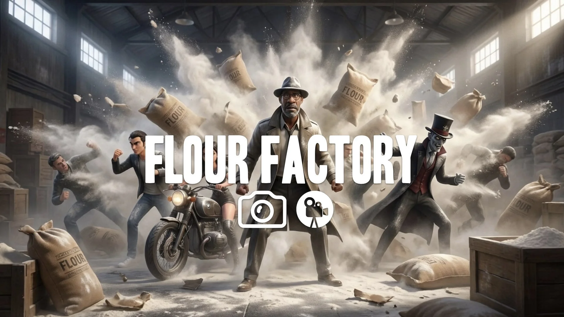 1. Fight in warehouse flour sacks bursting white powder cloud kicks punches obscured vision no music