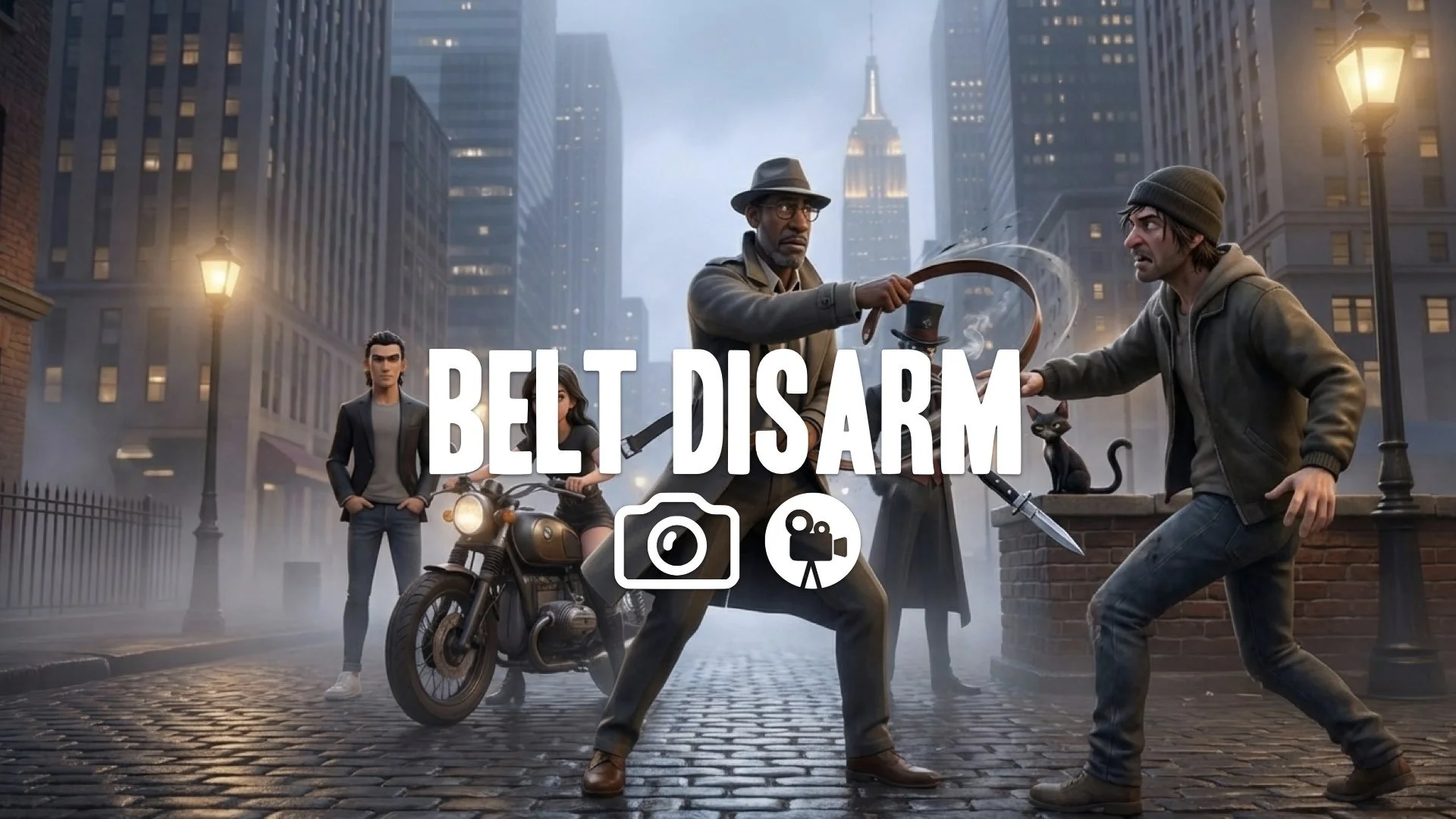 31. Fighter using belt as whip weapon snapping sound disarming opponent fast improvisation no music