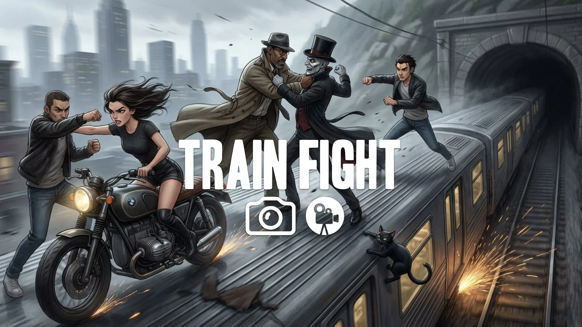 33. Fight on top of moving train wind blowing clothes close combat danger tunnels no music