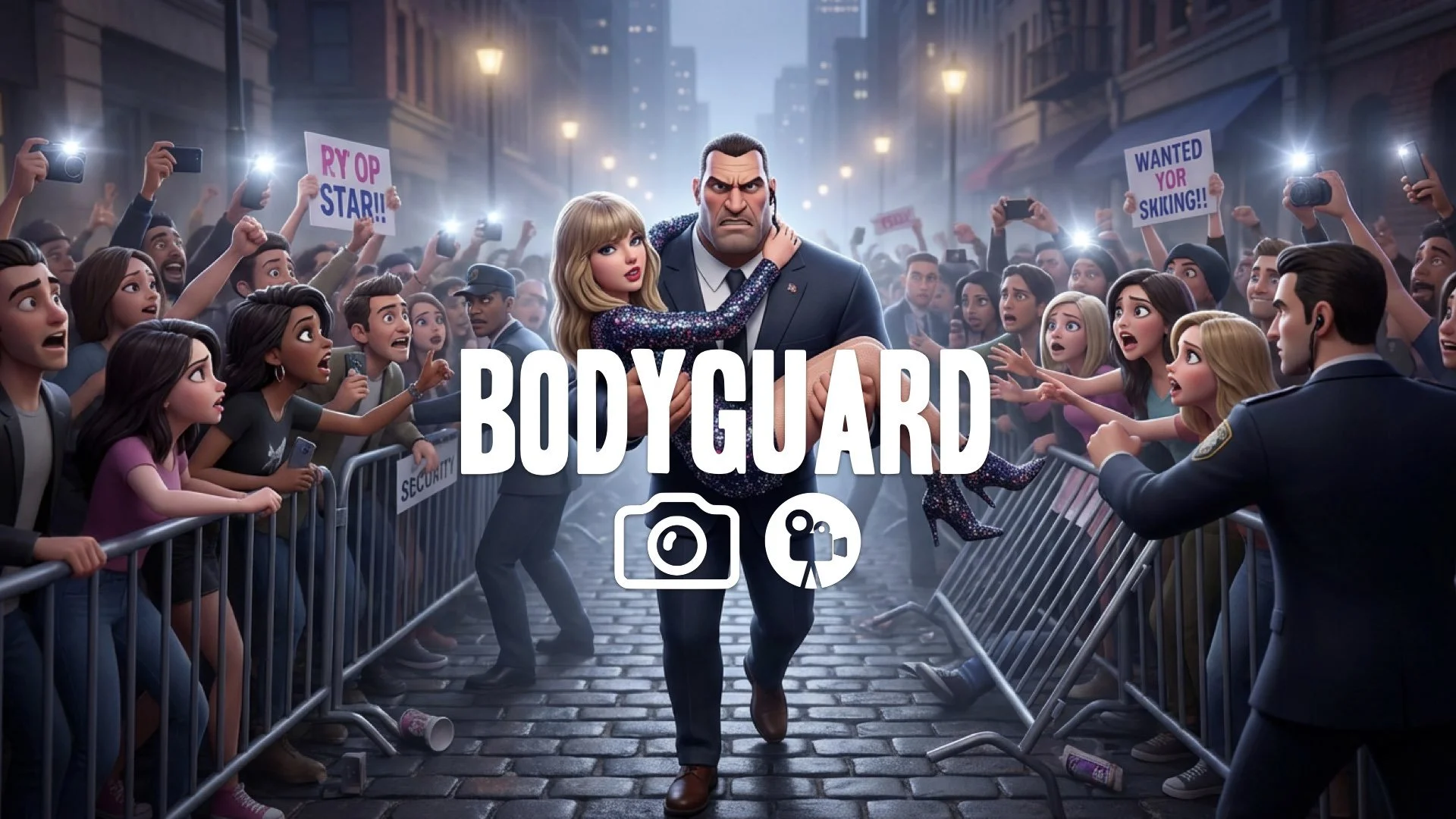 1. Bodyguard in suit wearing earpiece scanning crowd intense focus carrying pop star through chaotic fans no music