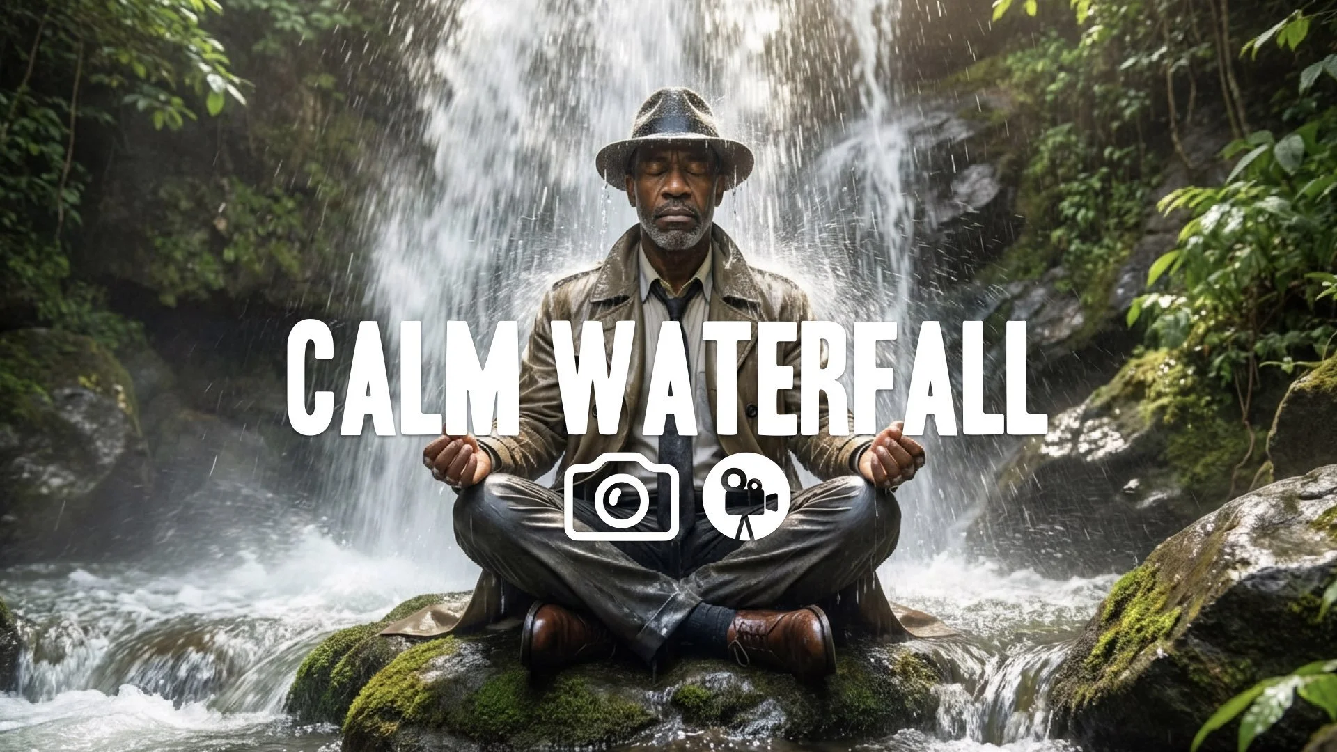 32. Man meditating under waterfall water crashing on shoulders endurance stoic expression nature no music