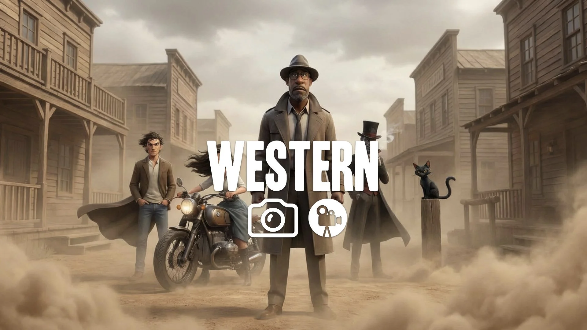 34. Intense stare down before duel wind blowing hair dust swirling anticipation traditional setting no music