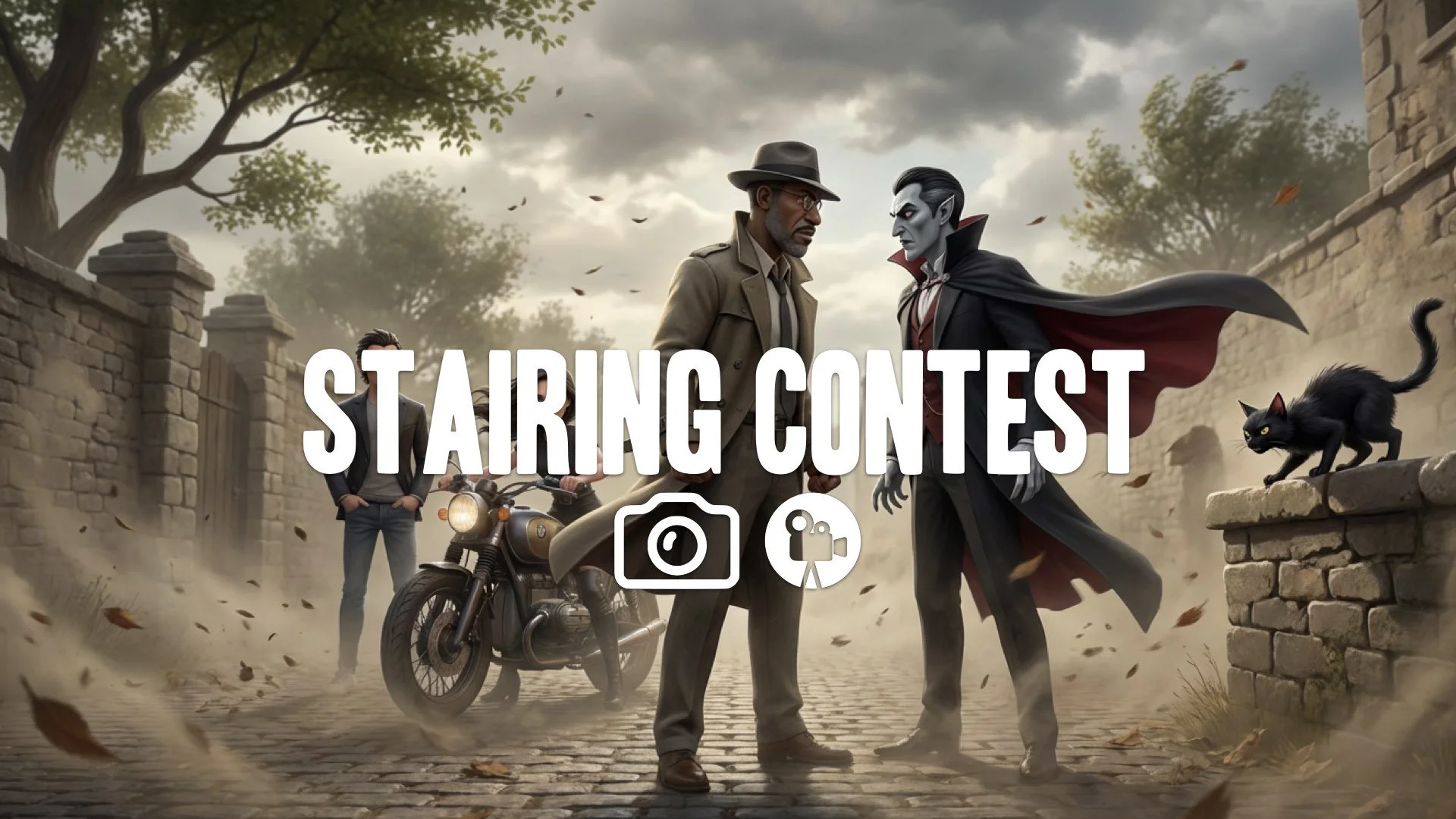 34. Intense stare down before duel wind blowing hair dust swirling anticipation traditional setting no music