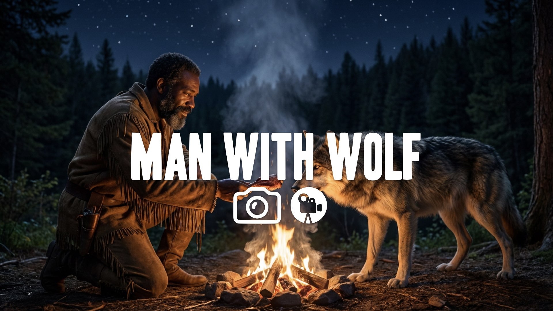 1. Man with beard in buckskins sharing food with wild wolf at campfire night stars smoke bonding moment no music