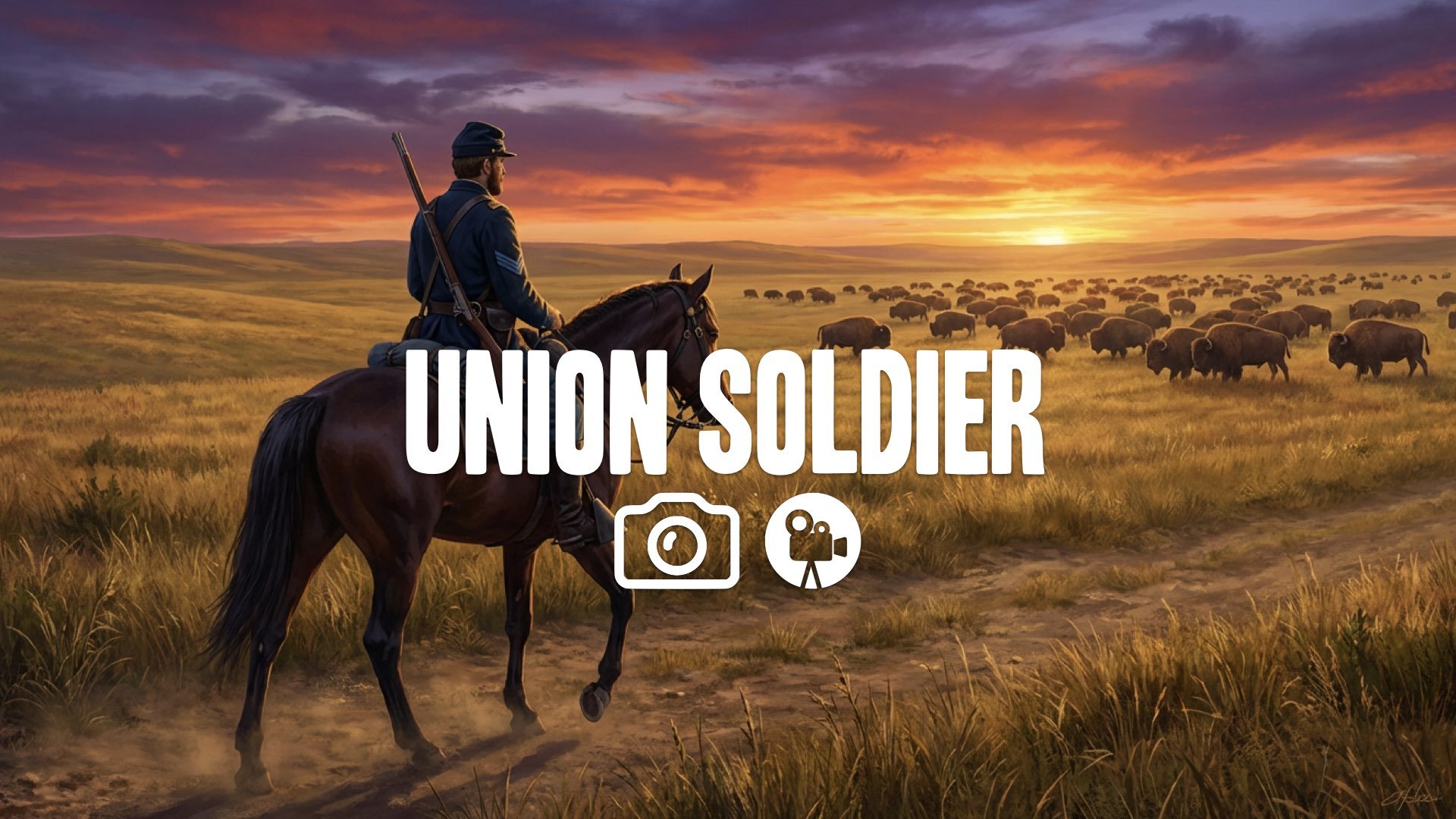 1. Union soldier riding horse alone across vast prairie buffalo herd grazing in distance sunset epic landscape no music