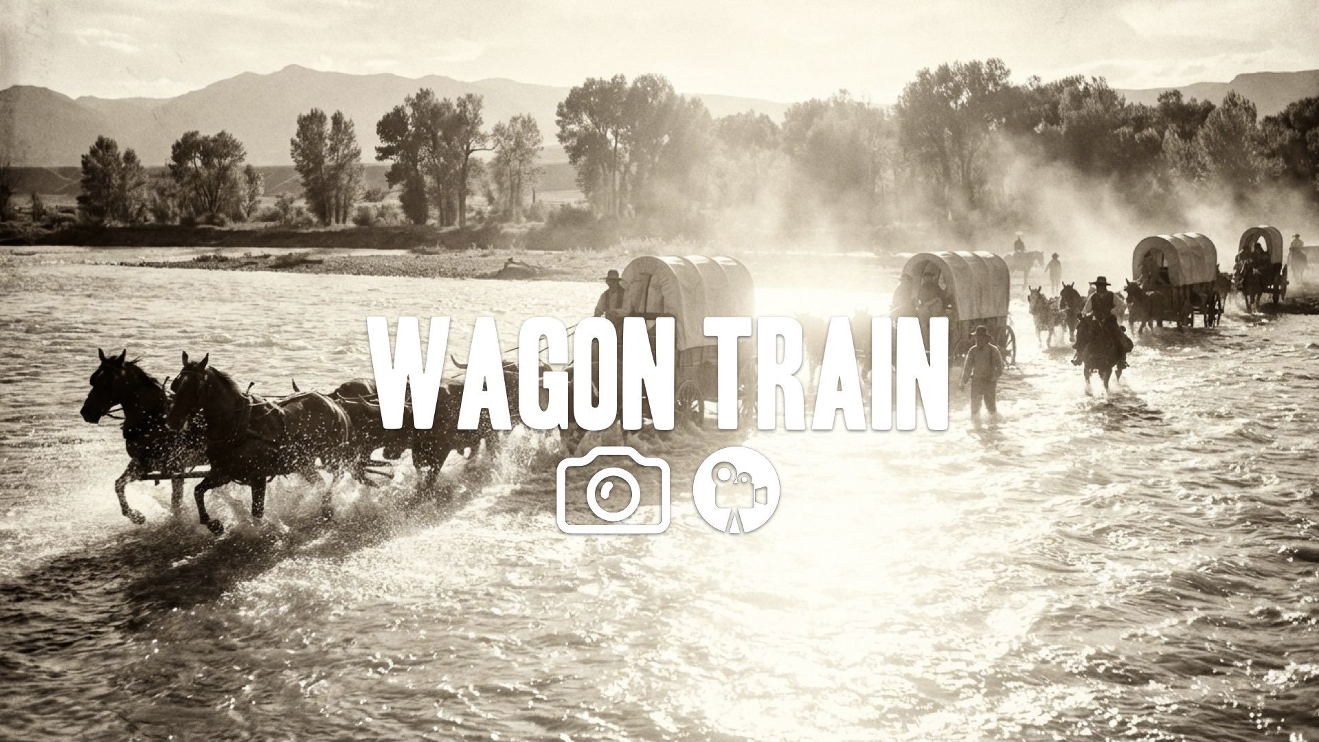 1. Wagon train crossing wide river horses struggling water splashing sun glare historical journey no music