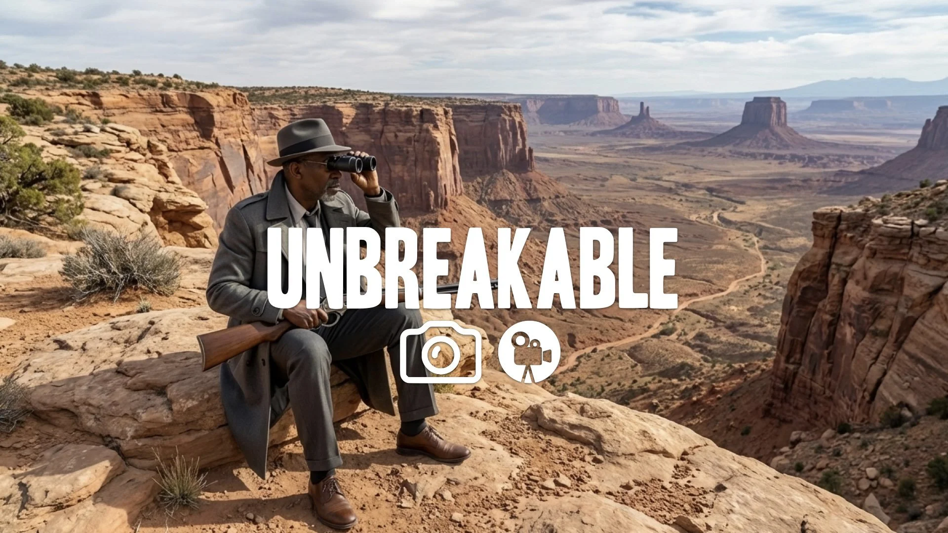 1. Man sitting on ridge overlooking valley holding Winchester rifle scouting horizon rugged terrain no music