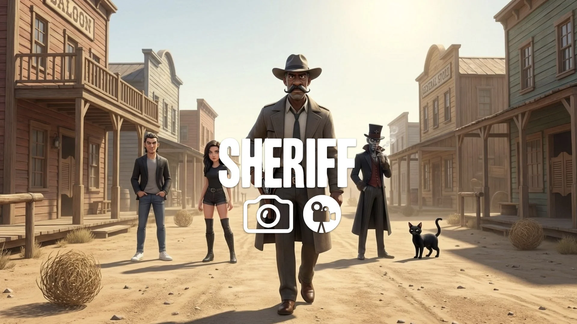 1. Lawman with handlebar mustache walking down dusty main street hand near gun holster tense standoff no music