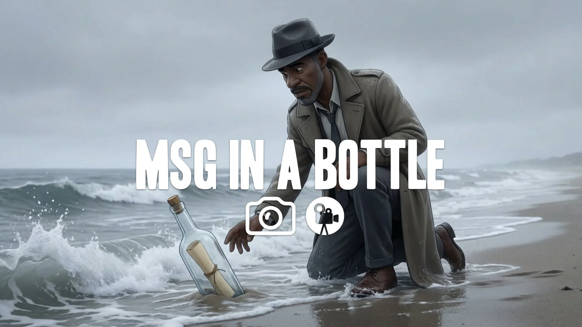 1. Man on beach finding glass bottle in sand corked with letter inside ocean waves crashing melancholic no music