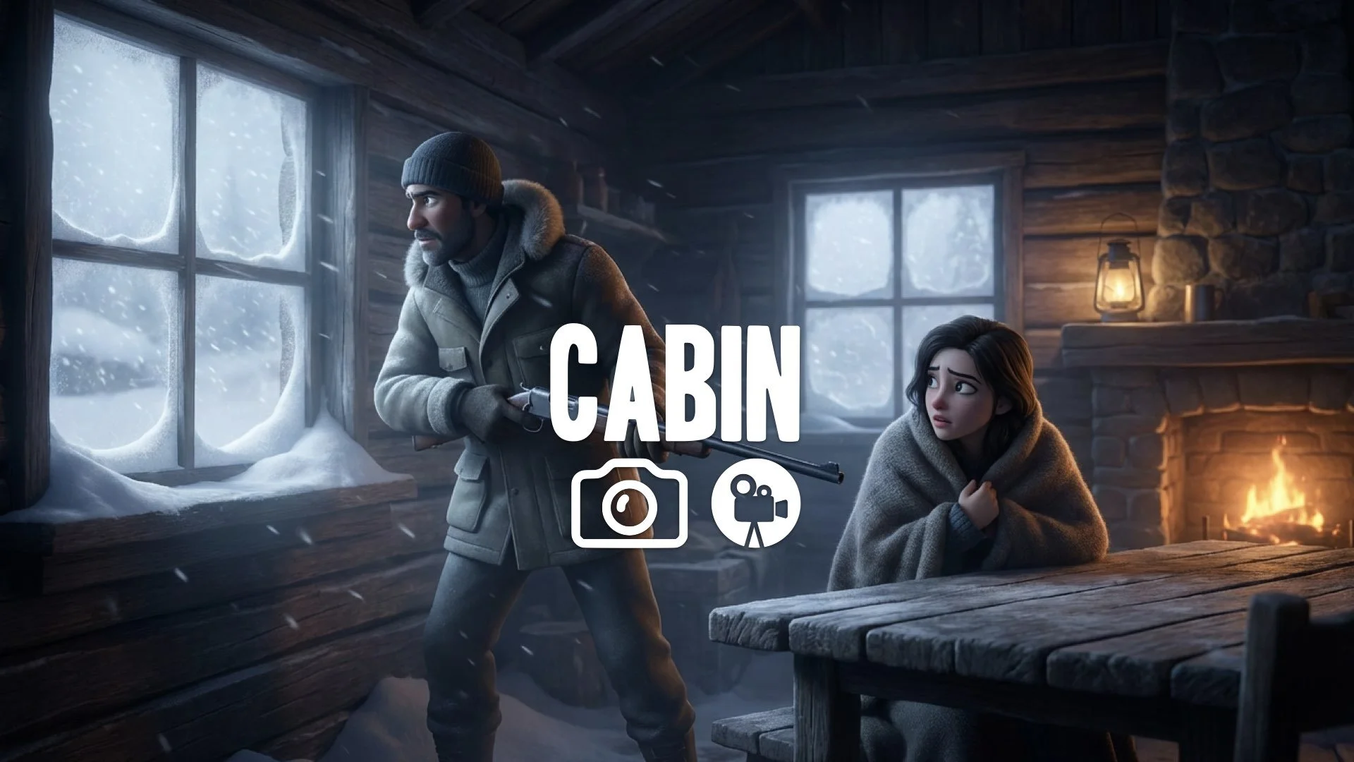1. Man protecting woman in cabin amidst snow storm holding gun tense waiting threat outside no music
