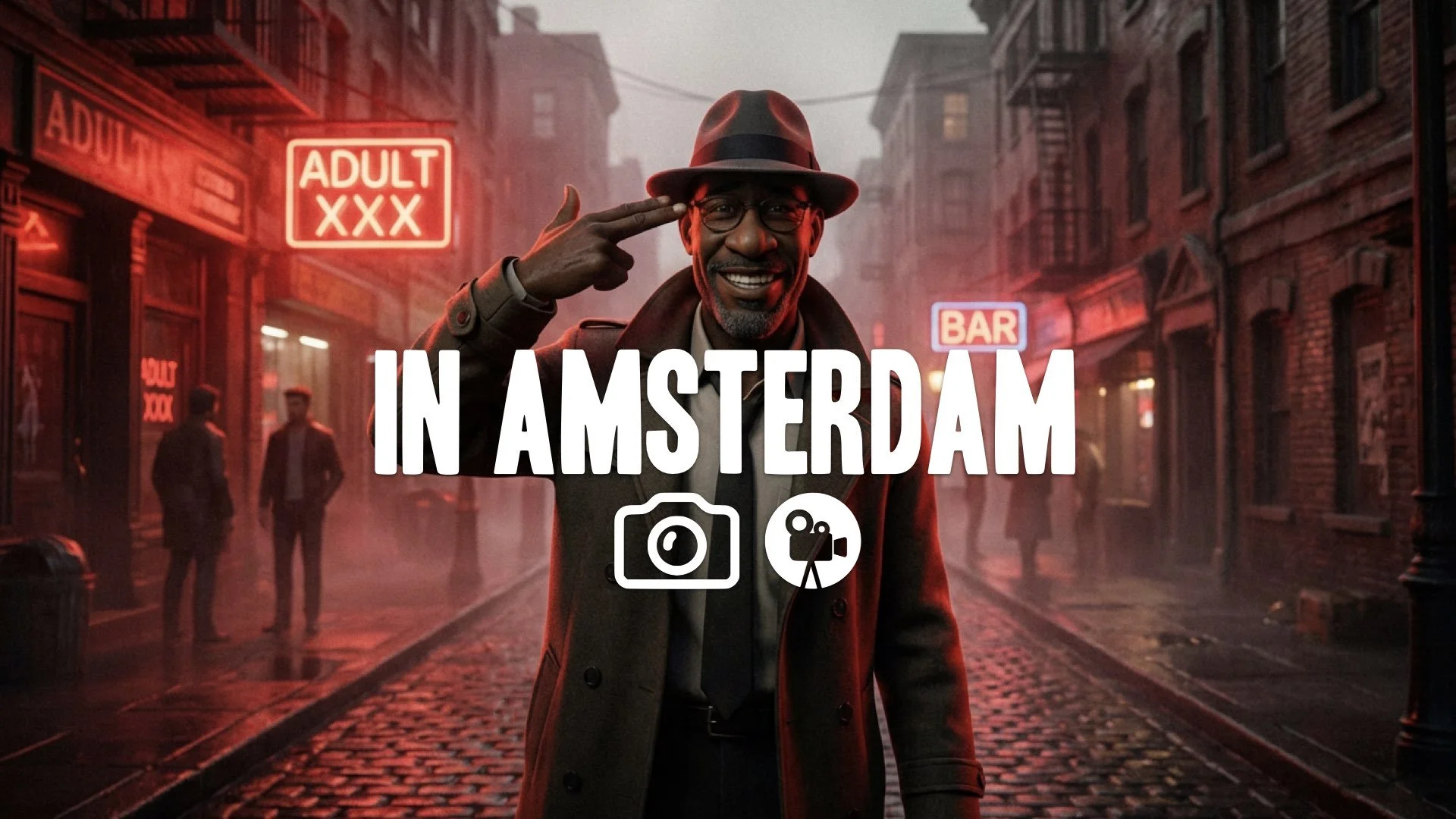 1. Finger gun gesture to head smiling slow motion red light district background gritty film grain no music