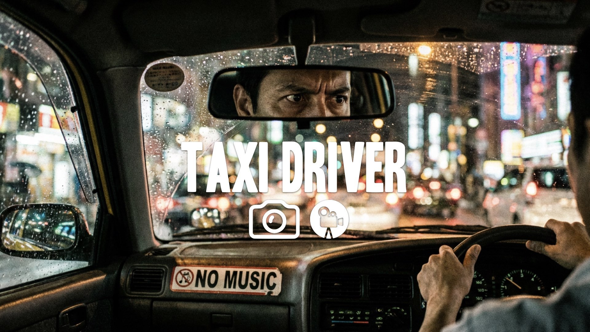 1. Taxi rearview mirror eyes looking back paranoid city lights blurring bokeh night driving no music