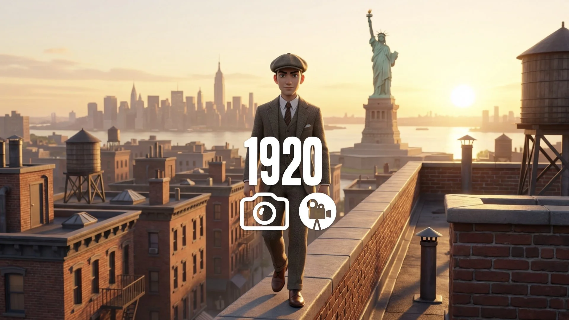 1. Young man in 1920s suit walking NYC rooftops Statue of Liberty in distant background golden hour no music