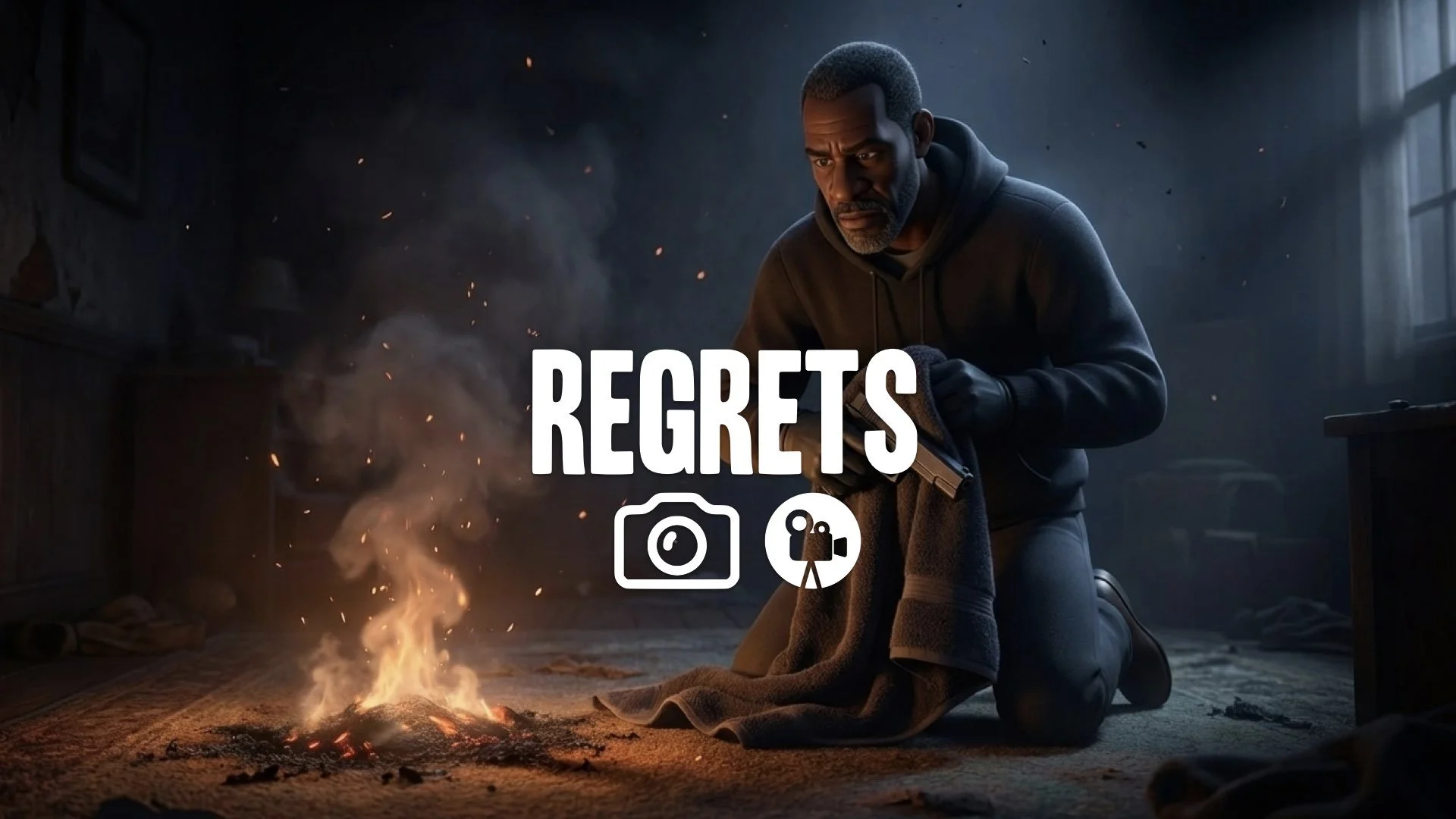 1. Man wrapping gun in towel burning carpet embers floating dark room assassination tension no music