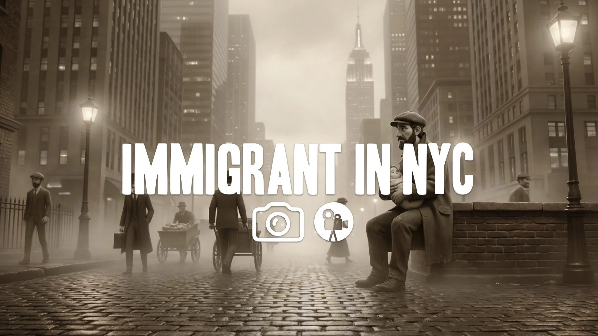 1. Immigrant sitting on stoop holding baby quiet observation sepia tone period details busy street no music