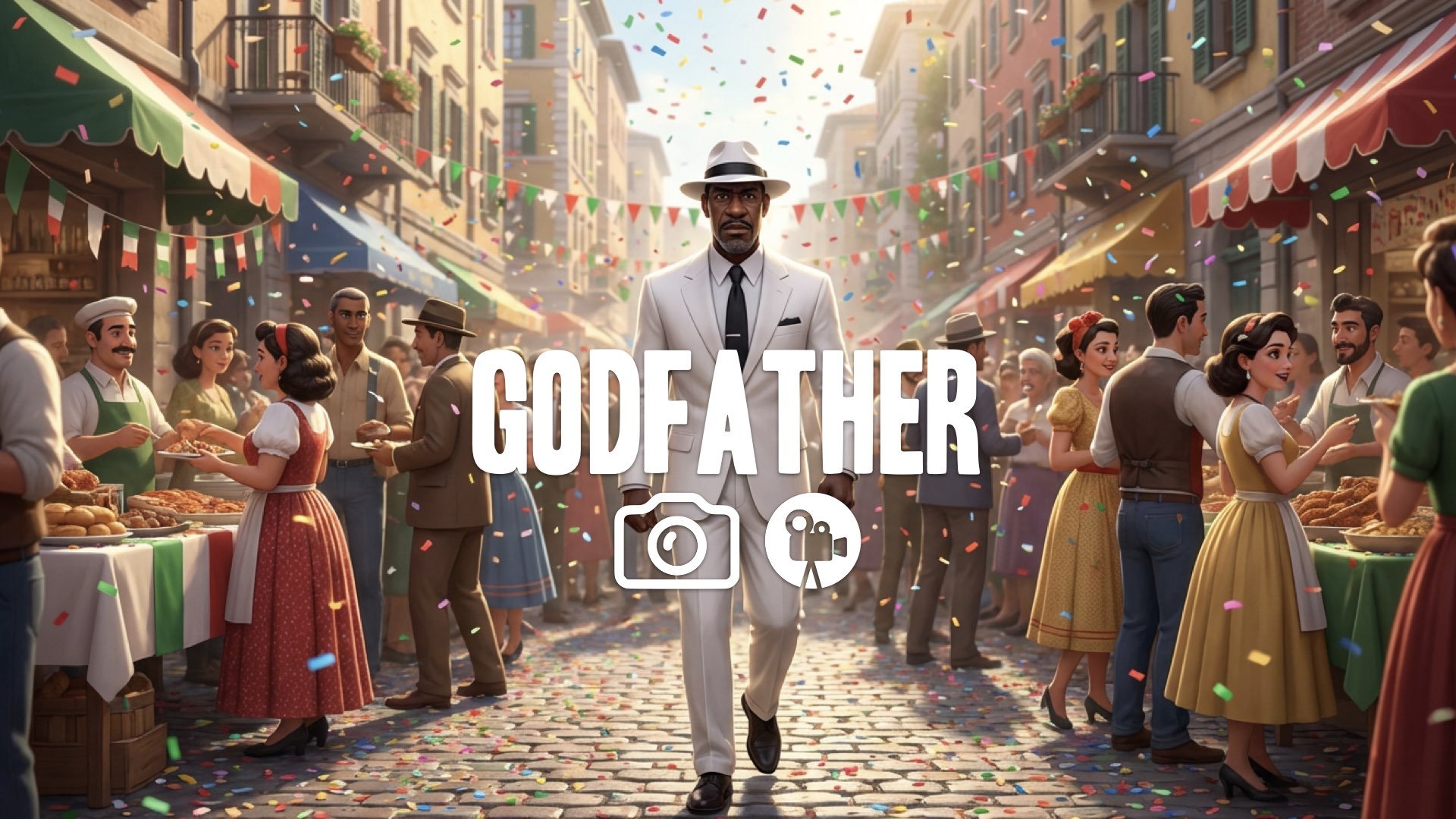 1. White suit man walking through Italian festival crowded street confetti falling stoic power no music