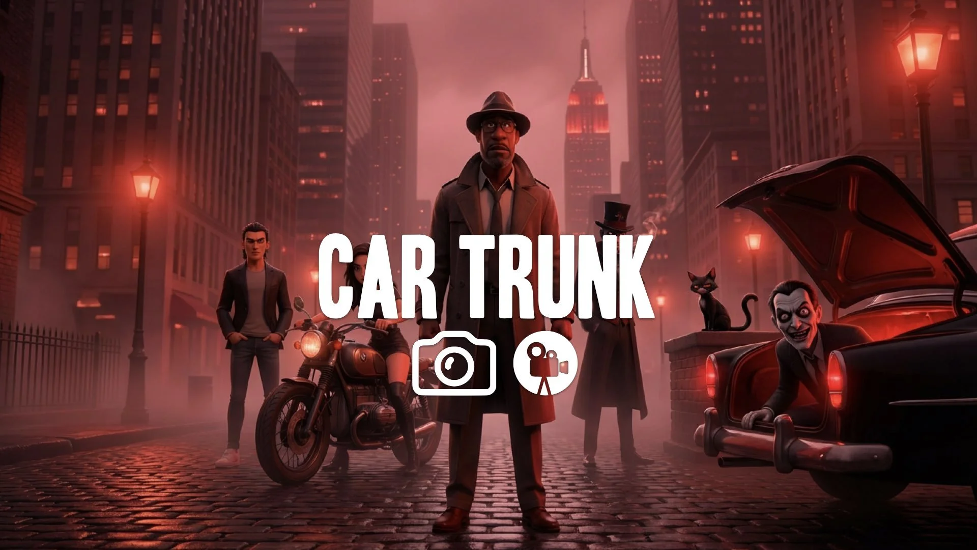 1. Car trunk opening red light revealing horror man watching calm reaction gangland style no music