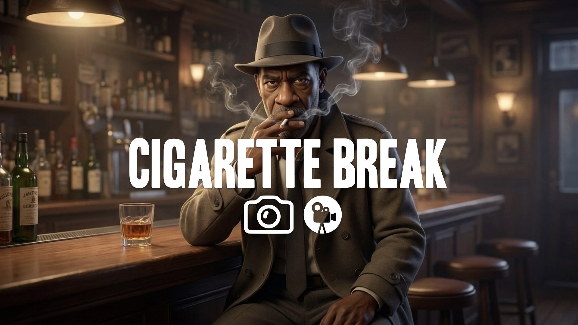 1. Man sitting at bar smoking cigarette judging eyes staring intense freeze frame effect smoke wisps no music