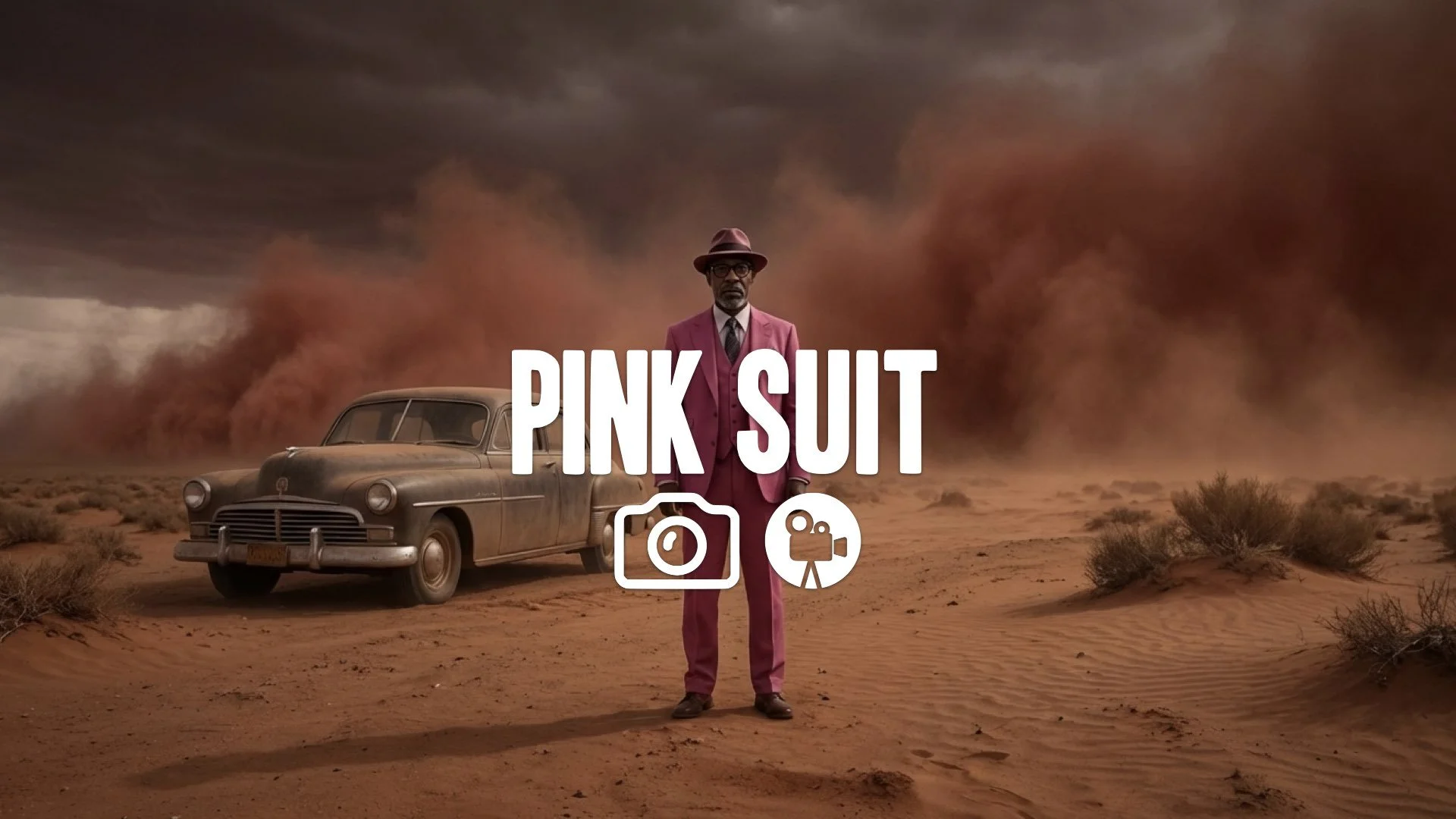 1. Pink suit man standing in desert vast landscape car parked dust blowing ominous vibe wide shot no music