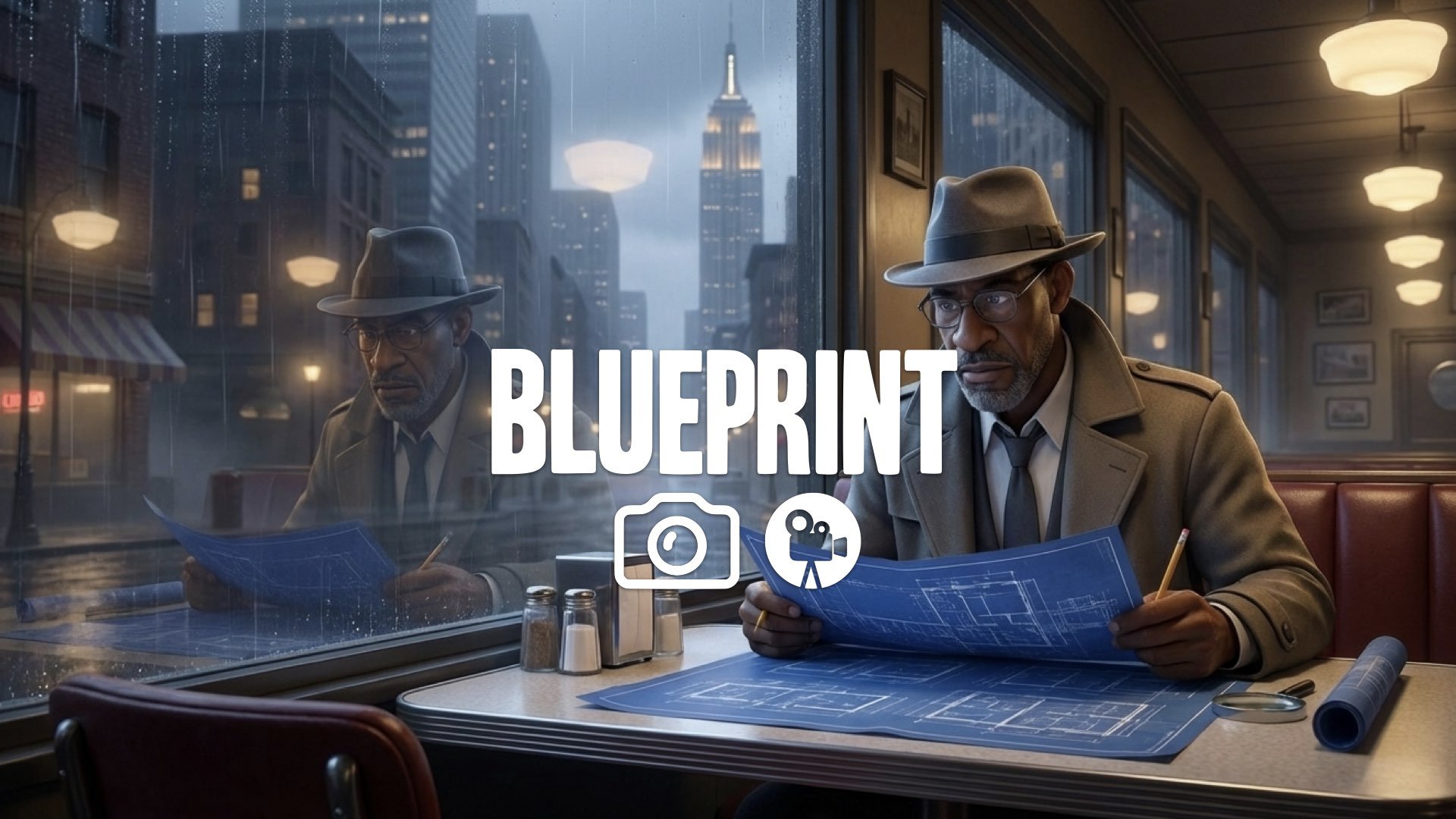 1. Master thief in suit looking at blue architectural blueprints diner window night reflection focus no music