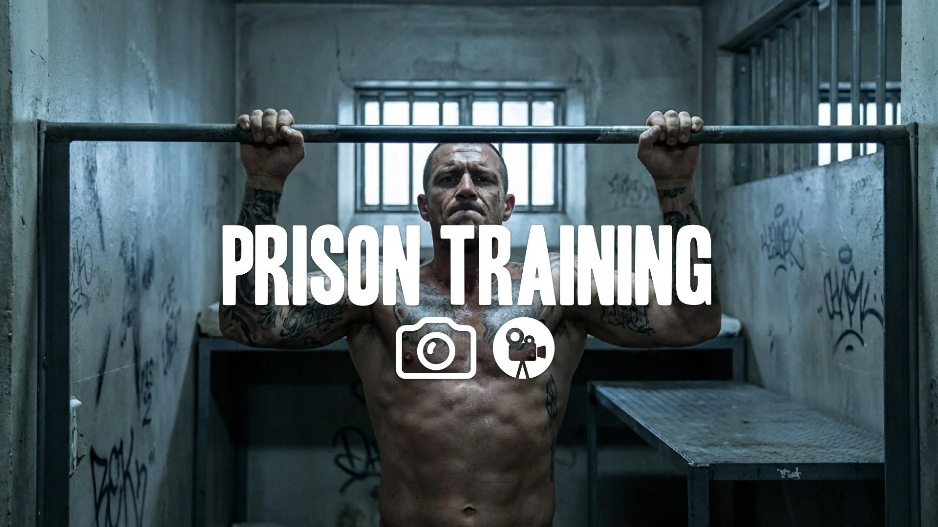 1. Shirtless man covered in tattoos doing pull ups prison cell muscles straining vengeance sweat no music