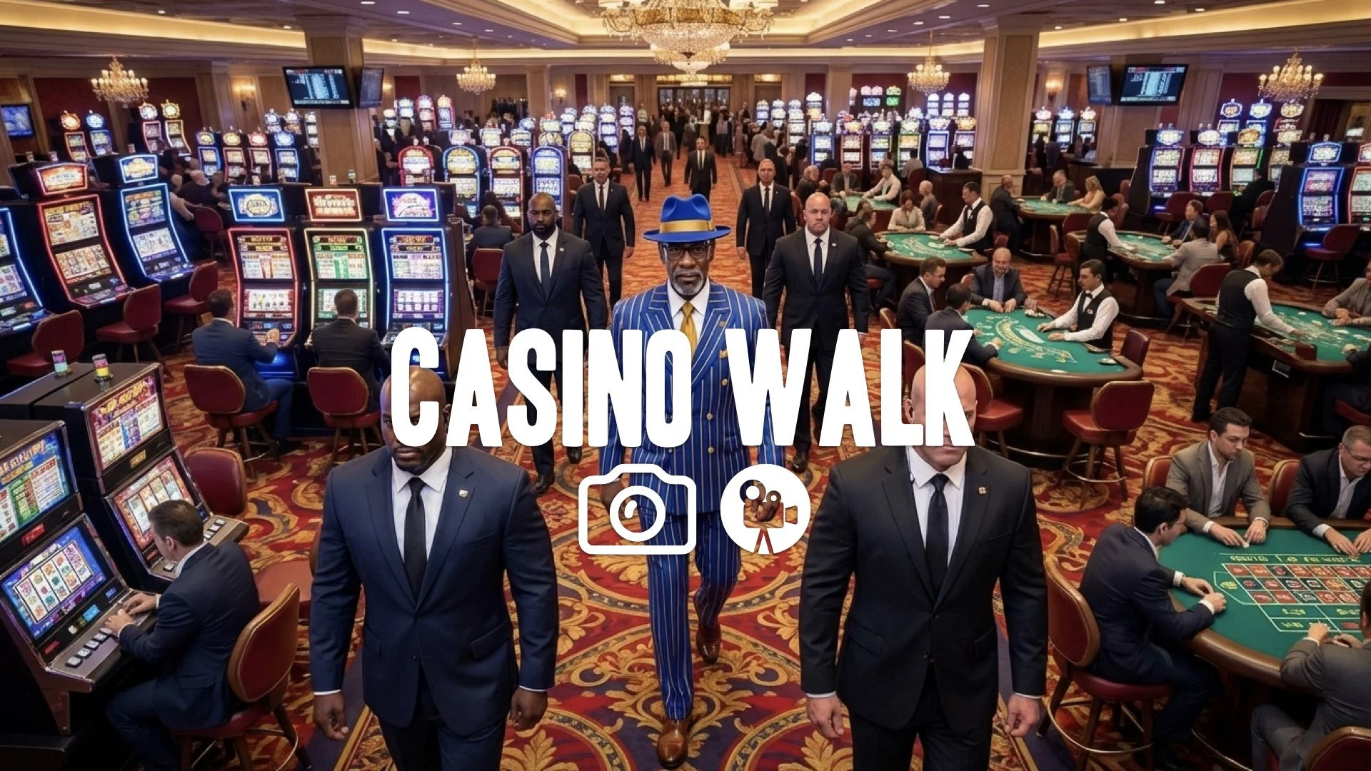 1. Casino floor overhead view man in bright suit walking boss demeanor security watching vibrant no music