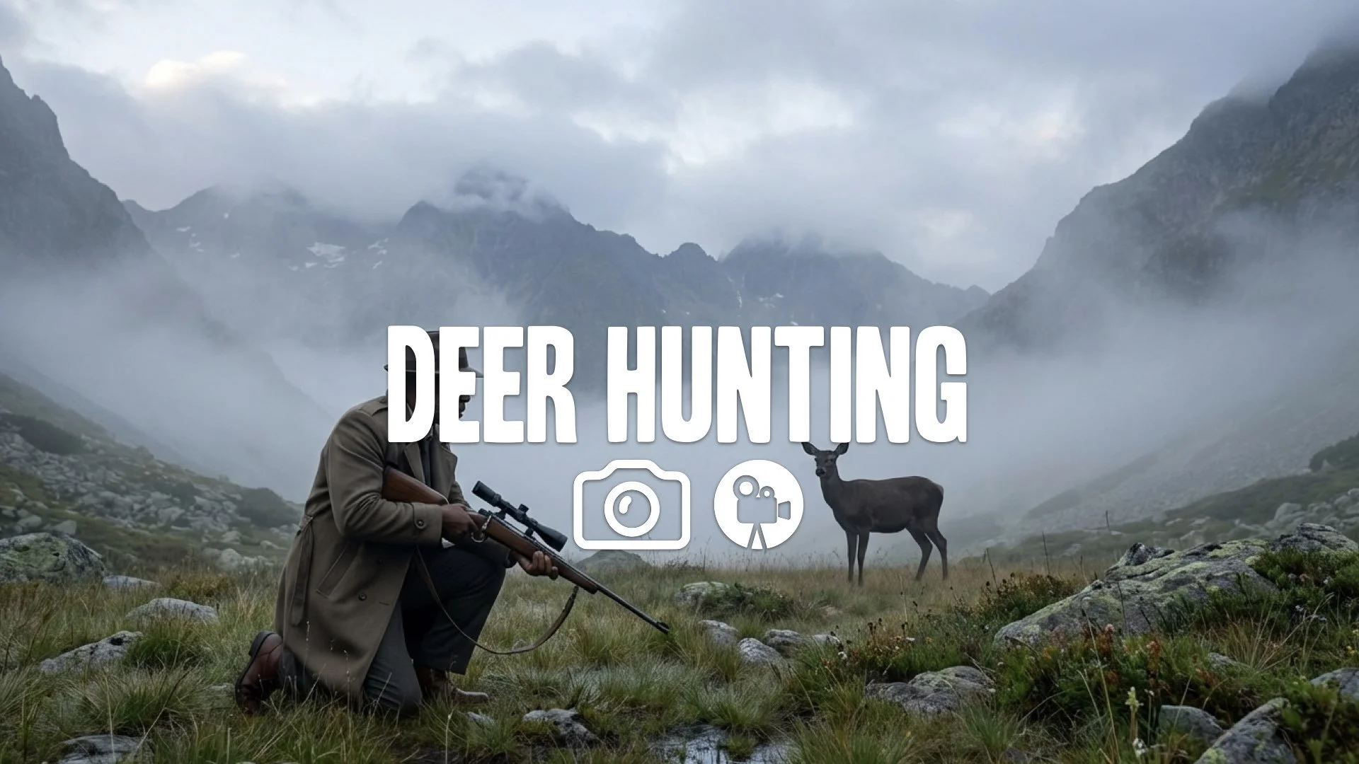 1. Hunting trip mountains morning mist deer in crosshairs rifle lowering mercy shot nature wide no music