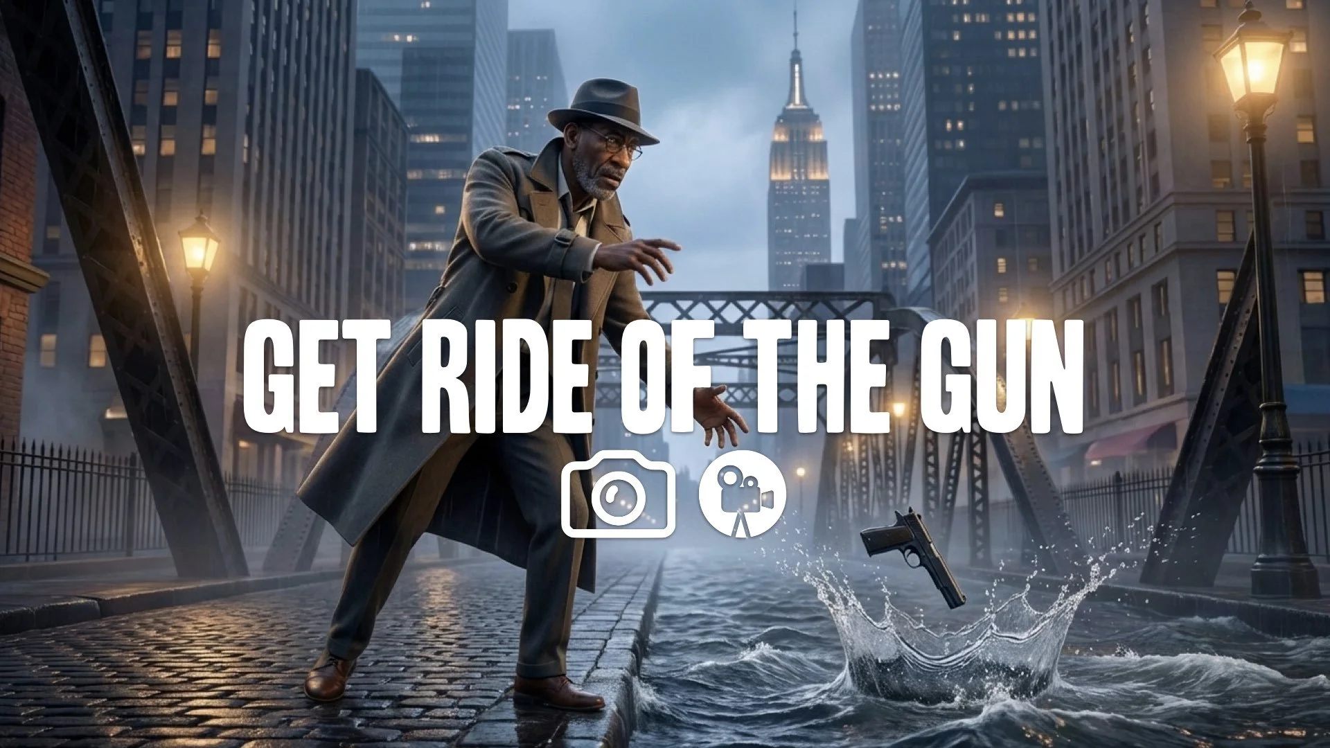 1. Truck driver throwing gun into river water splash slow motion bridge background period setting no music