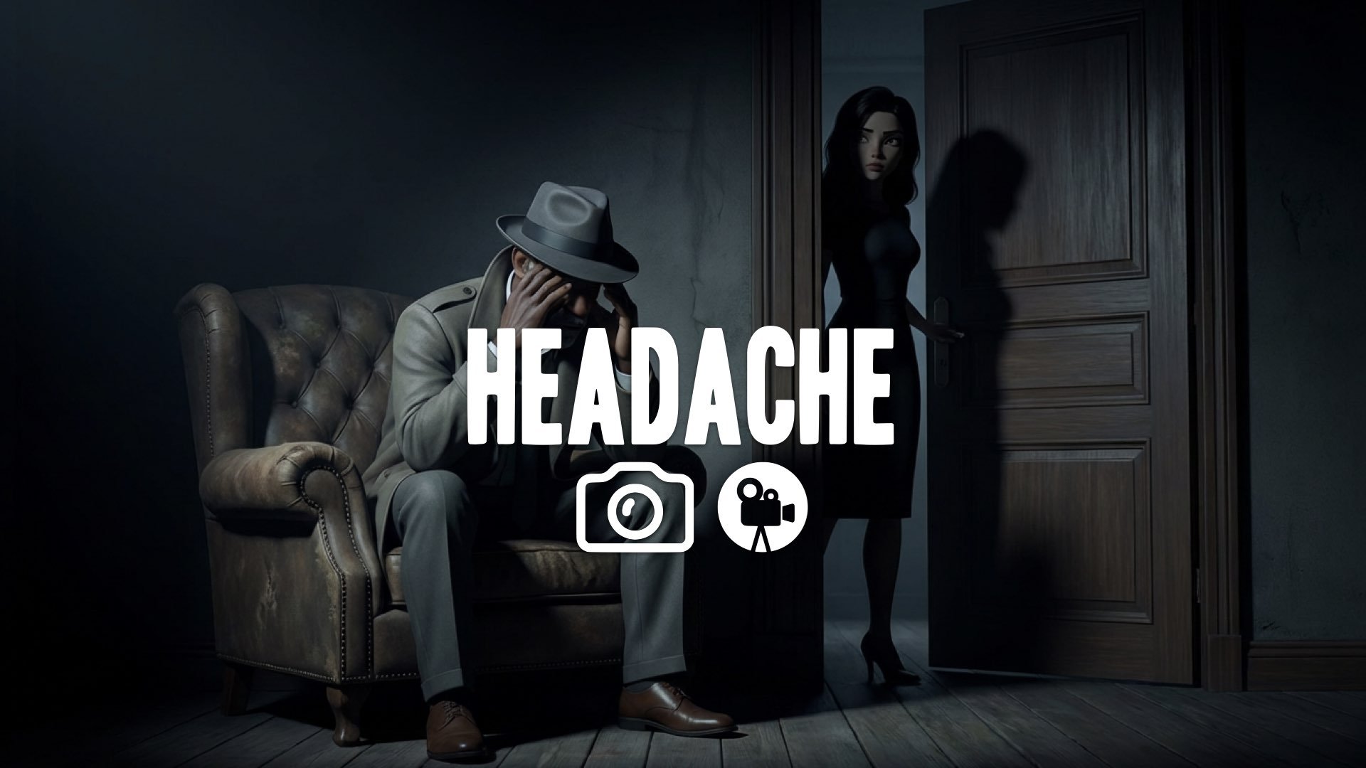 1. Man sitting in armchair dark room brooding closing door shut on camera wife watching shadow no music