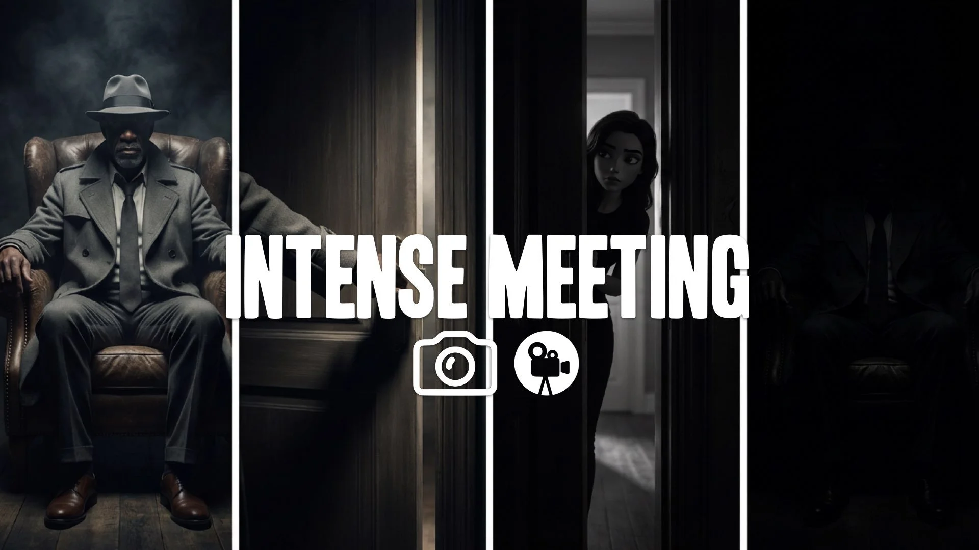 1. Man sitting in armchair dark room brooding closing door shut on camera wife watching shadow no music