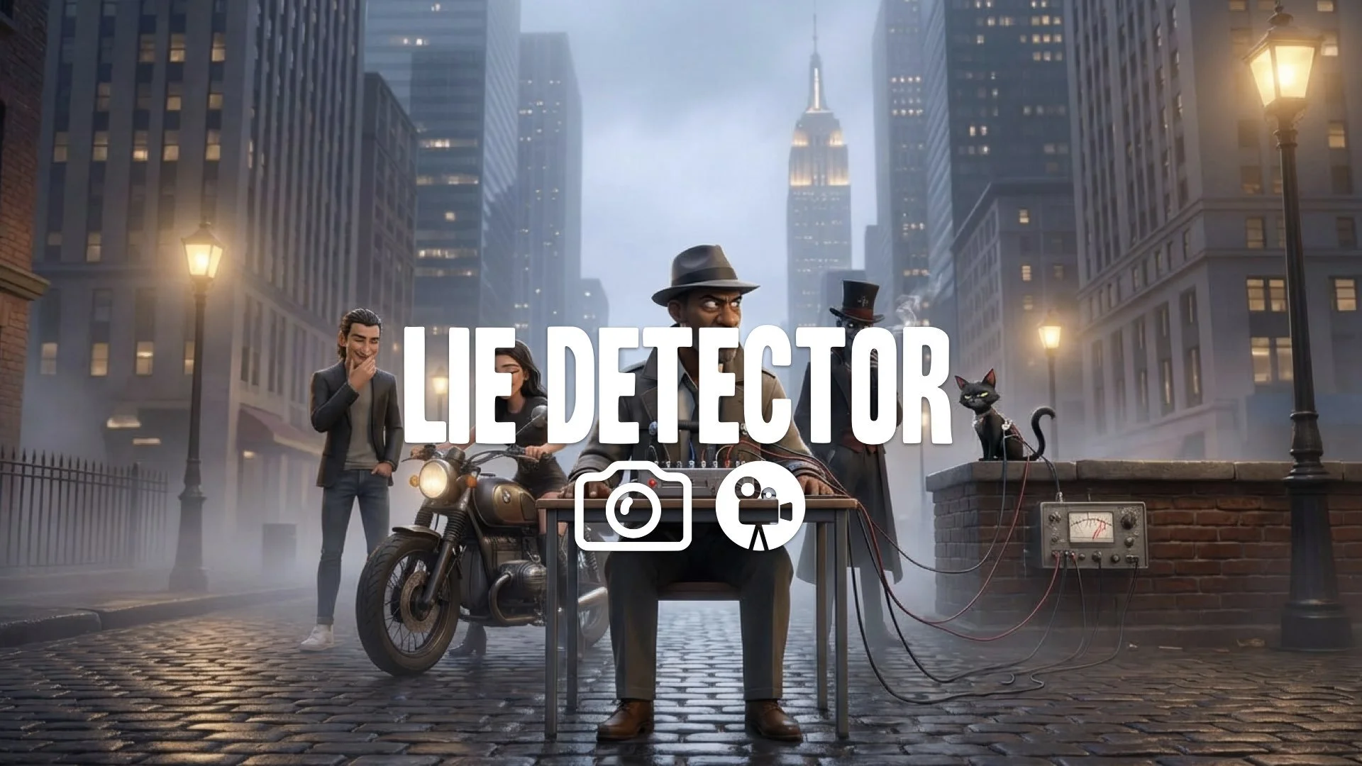 1. Man hooked to lie detector machine skeptical face staring at cat suspicious humor tension no music