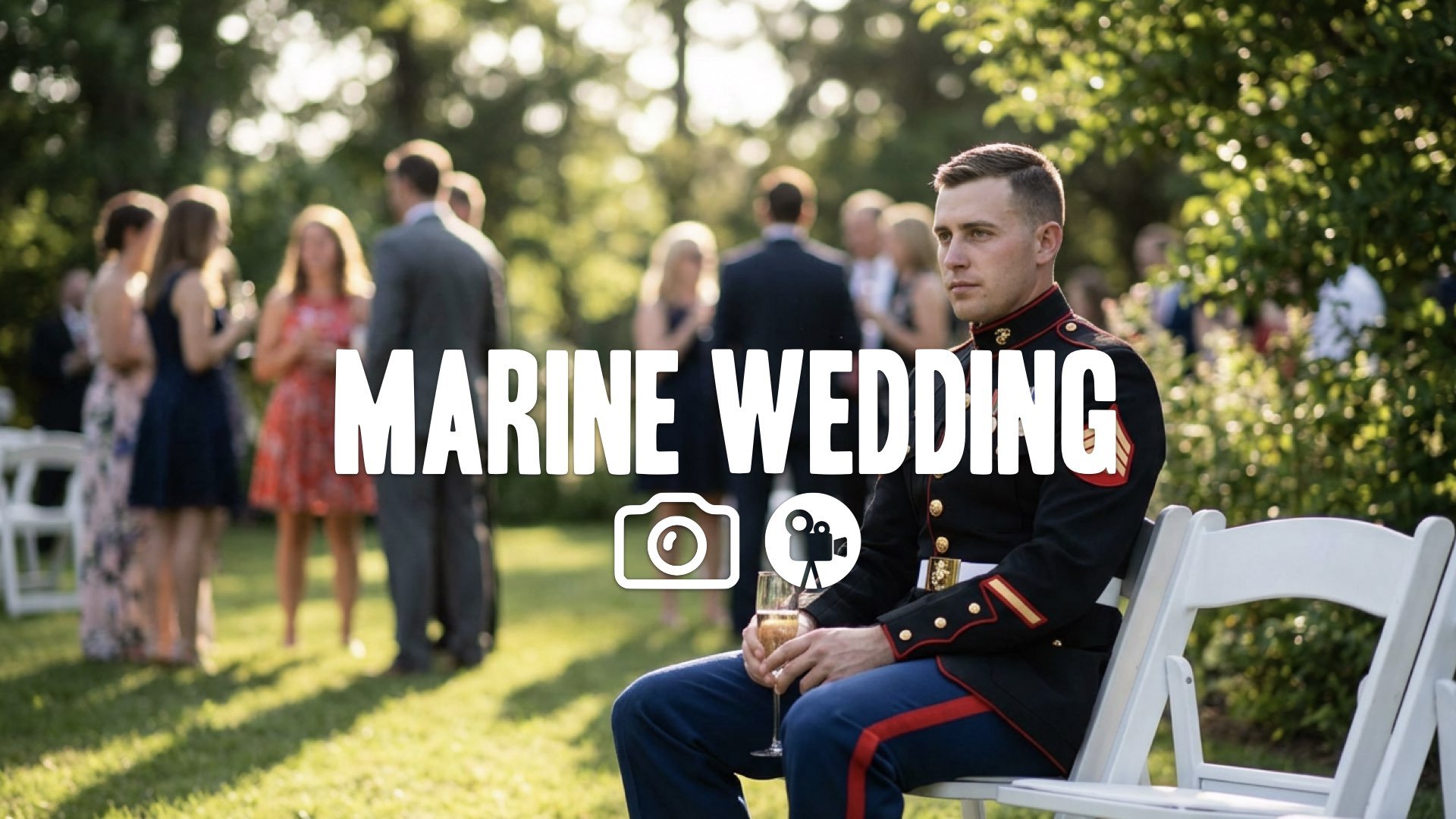 1. Wedding guest in military uniform sitting alone observing party garden sunlight soft focus no music