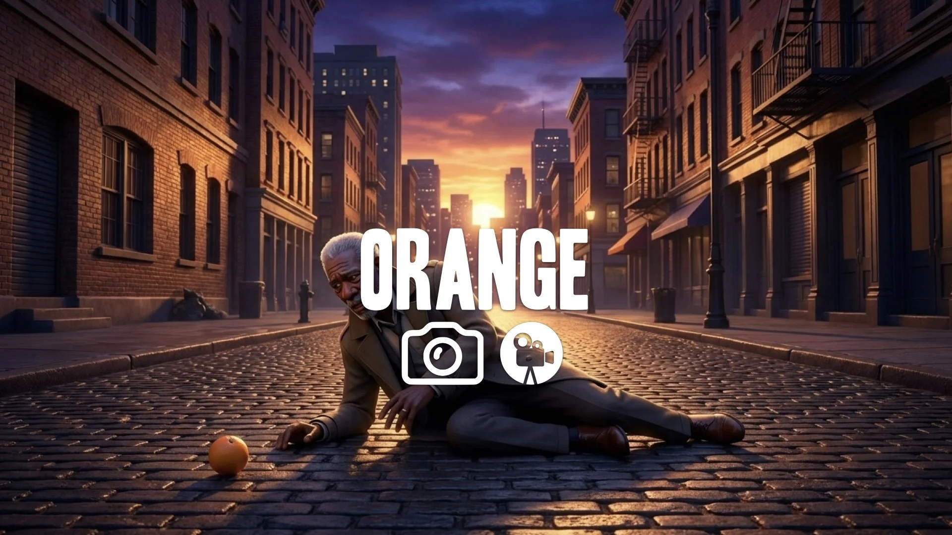 1. Old man dropping orange on street dying gray hair sun setting tragic ending wide shot no music