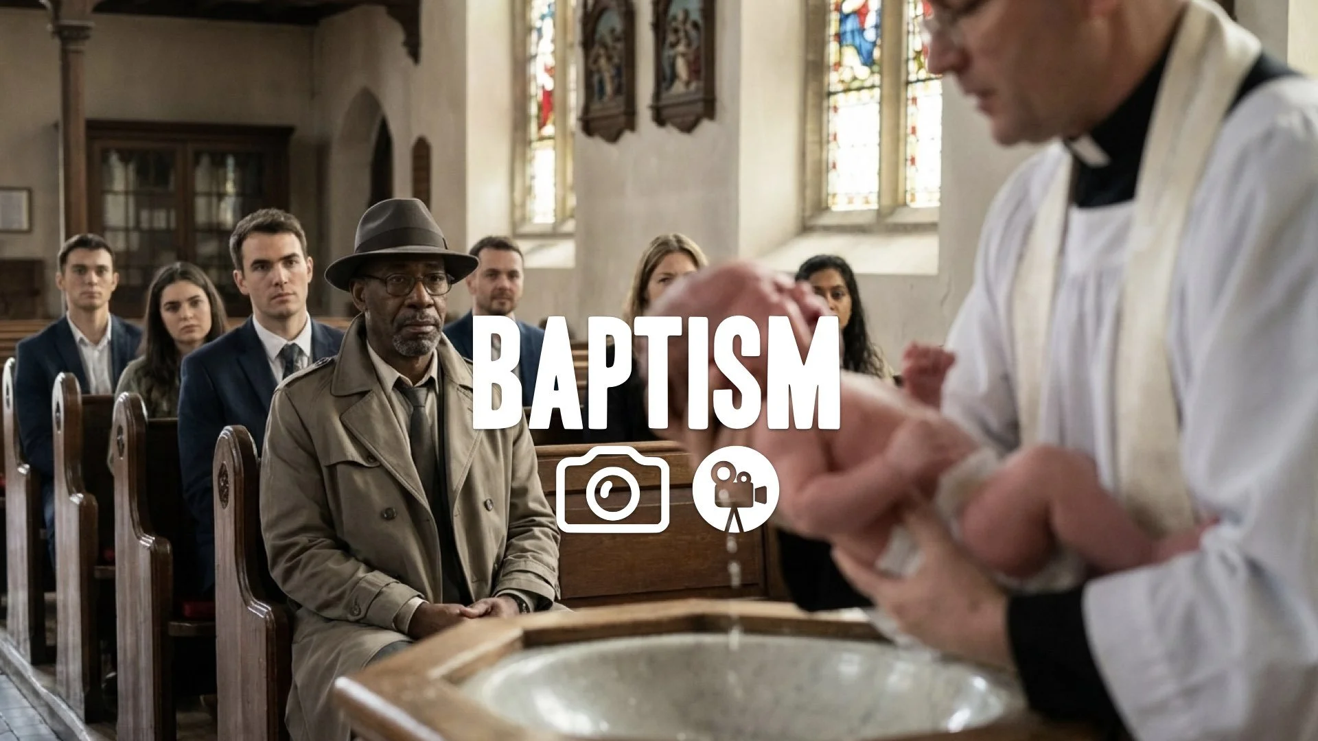 1. Man in suit sitting in pew church baptism baby crying cross cutting suspense calm face no music