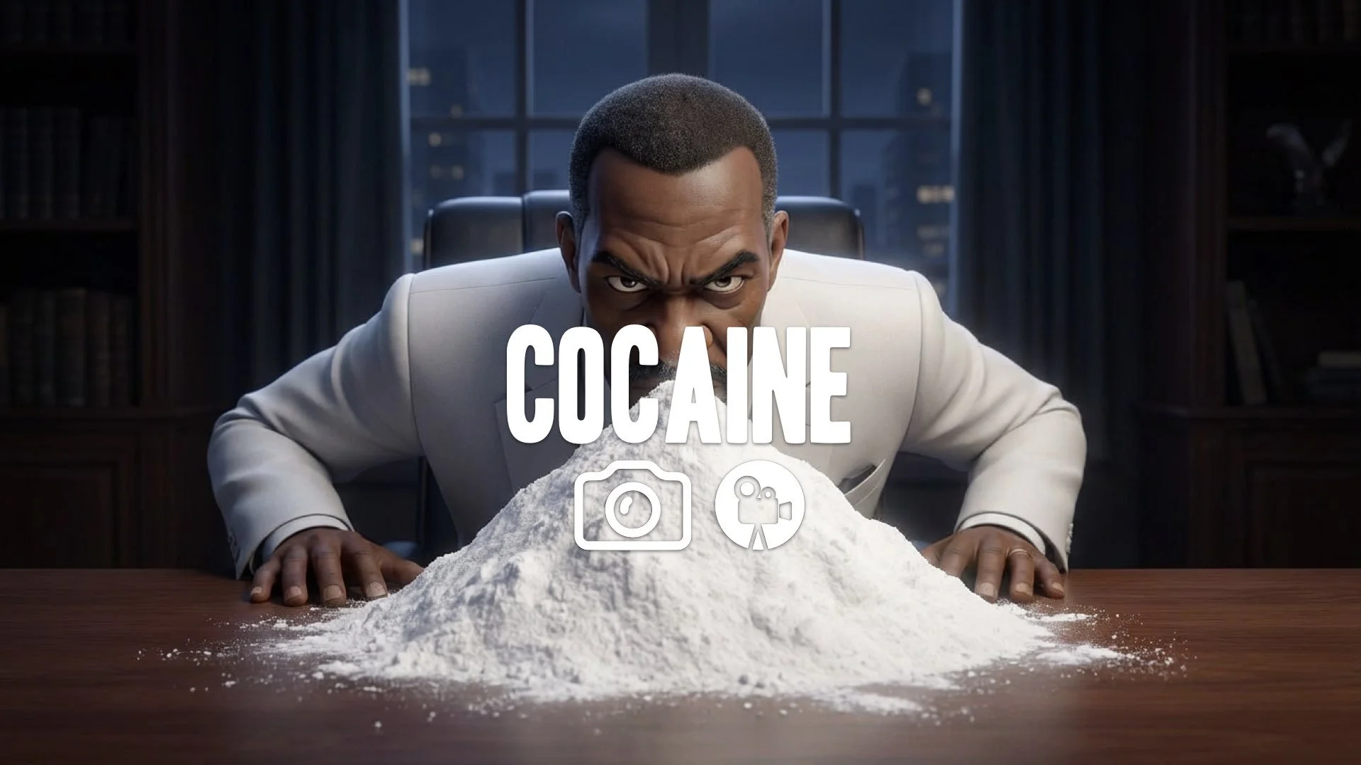 1. Man in white suit sitting behind desk massive pile of white powder sniffing angry eyes no music