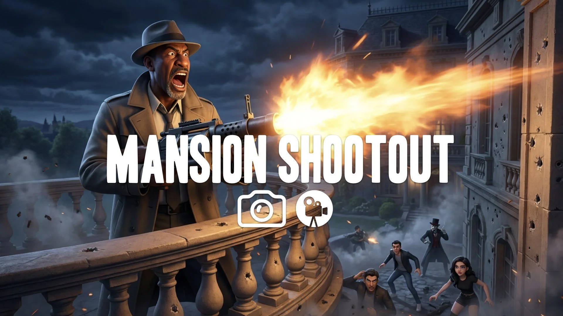1. Mansion shootout man on balcony firing grenade launcher screaming "say hello" muzzle flash no music