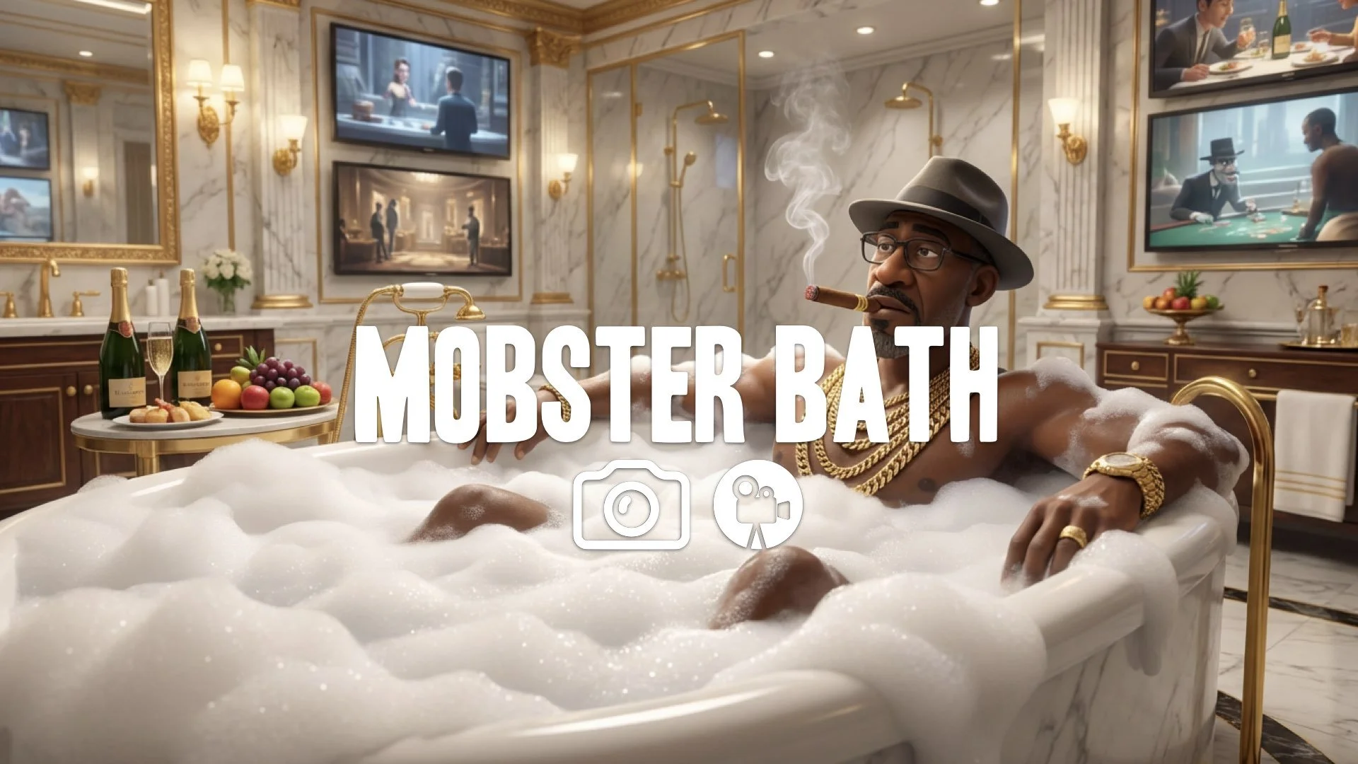 1. Man sitting in giant bubble bath gold chains luxury room tv screens smoking cigar decadence no music