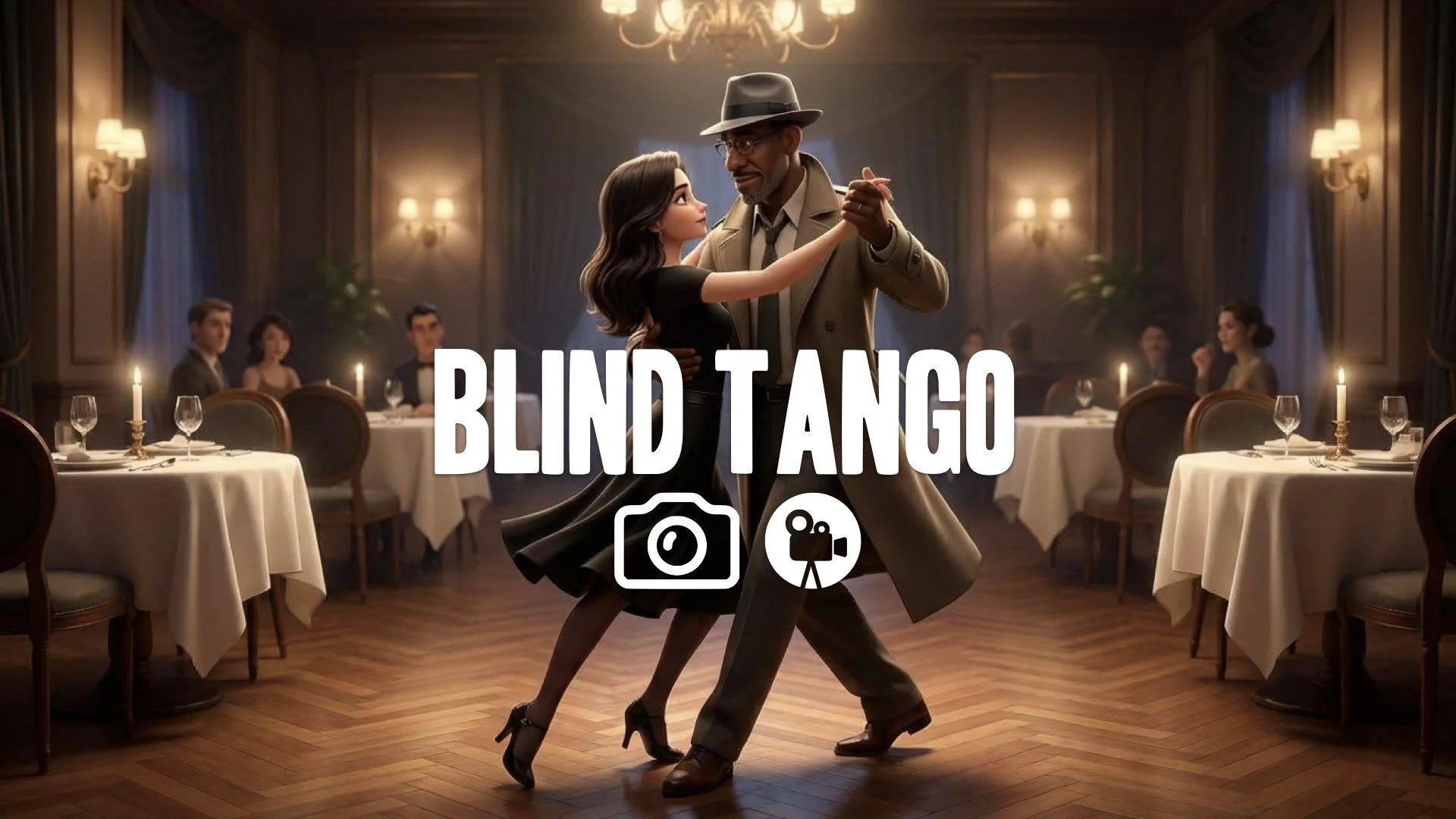 1. Blind man dancing tango with young woman elegant restaurant floor graceful movement confidence no music